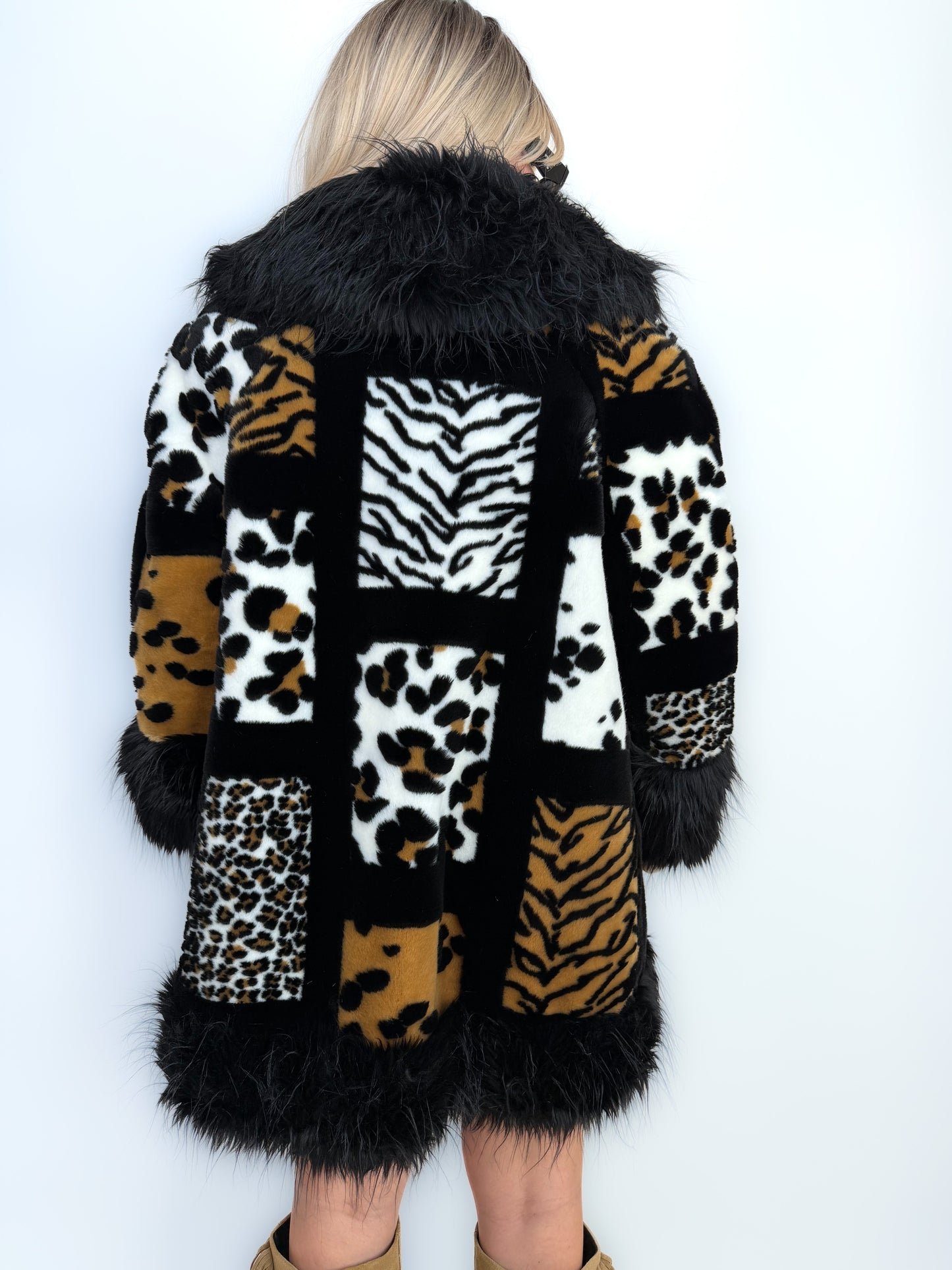 Vintage Faux Fur Coat Animal Print Patchwork Winter Jacket S-L
