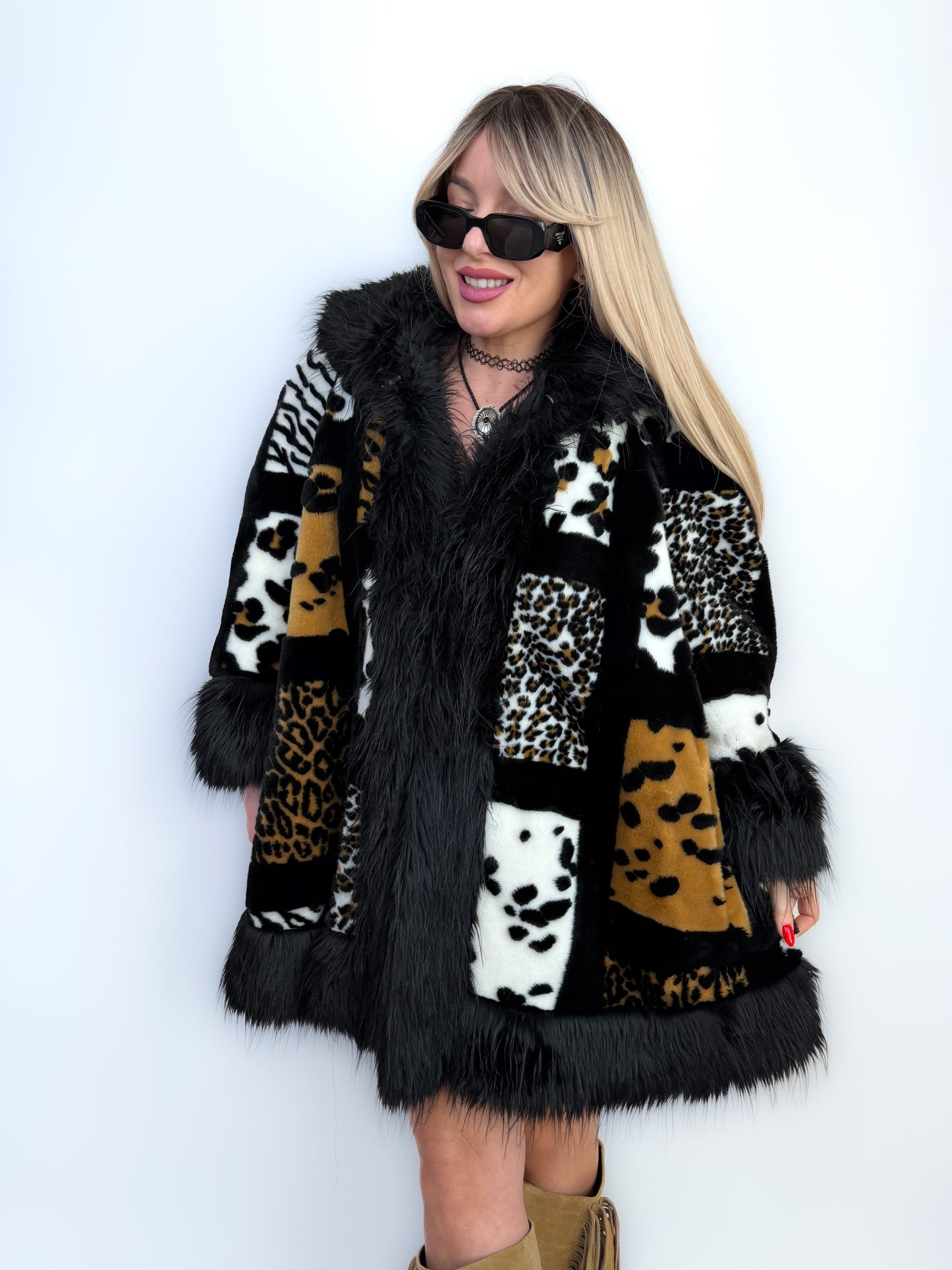 Vintage Faux Fur Coat Animal Print Patchwork Winter Jacket S-L