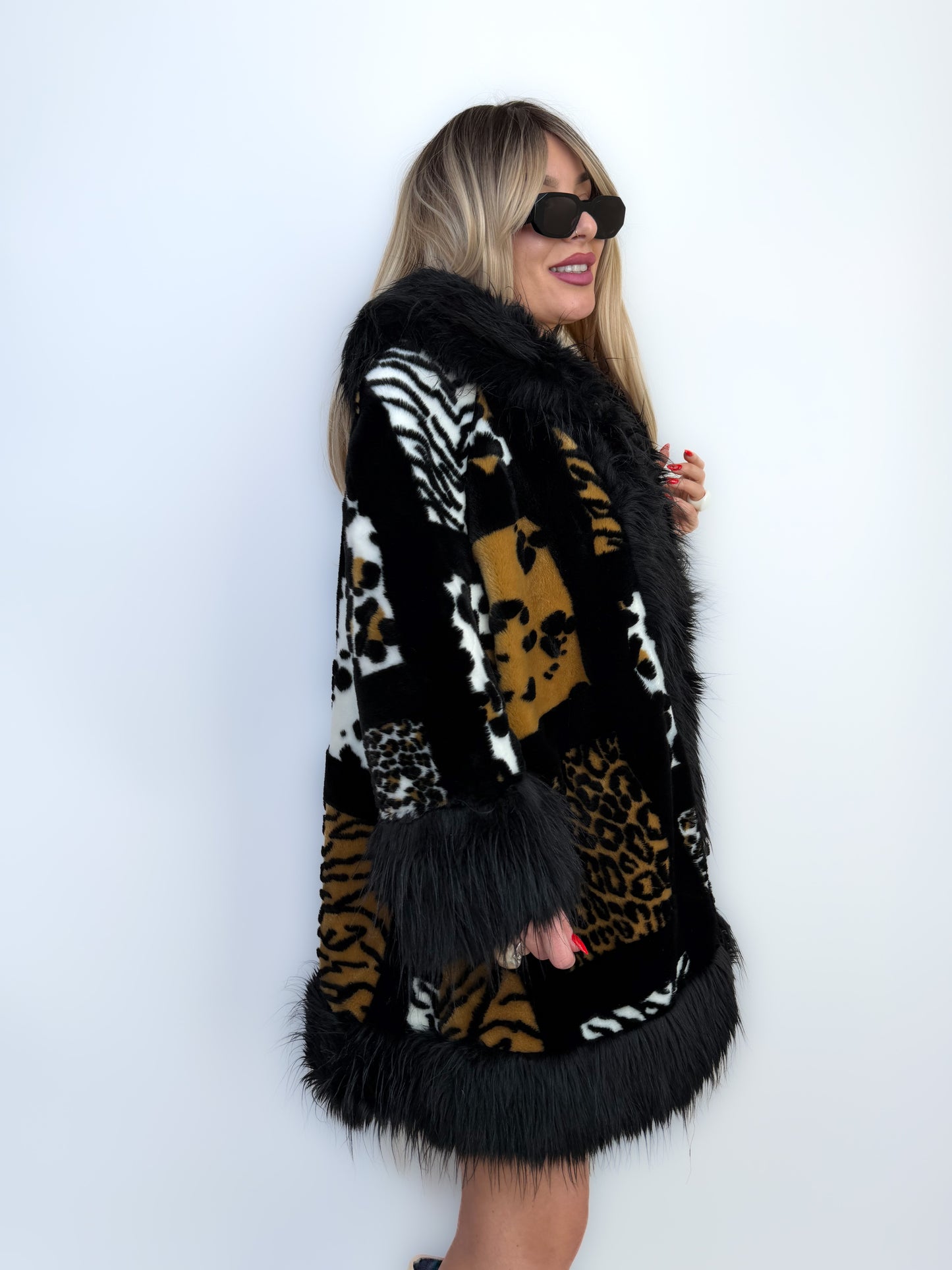 Vintage Faux Fur Coat Animal Print Patchwork Winter Jacket S-L