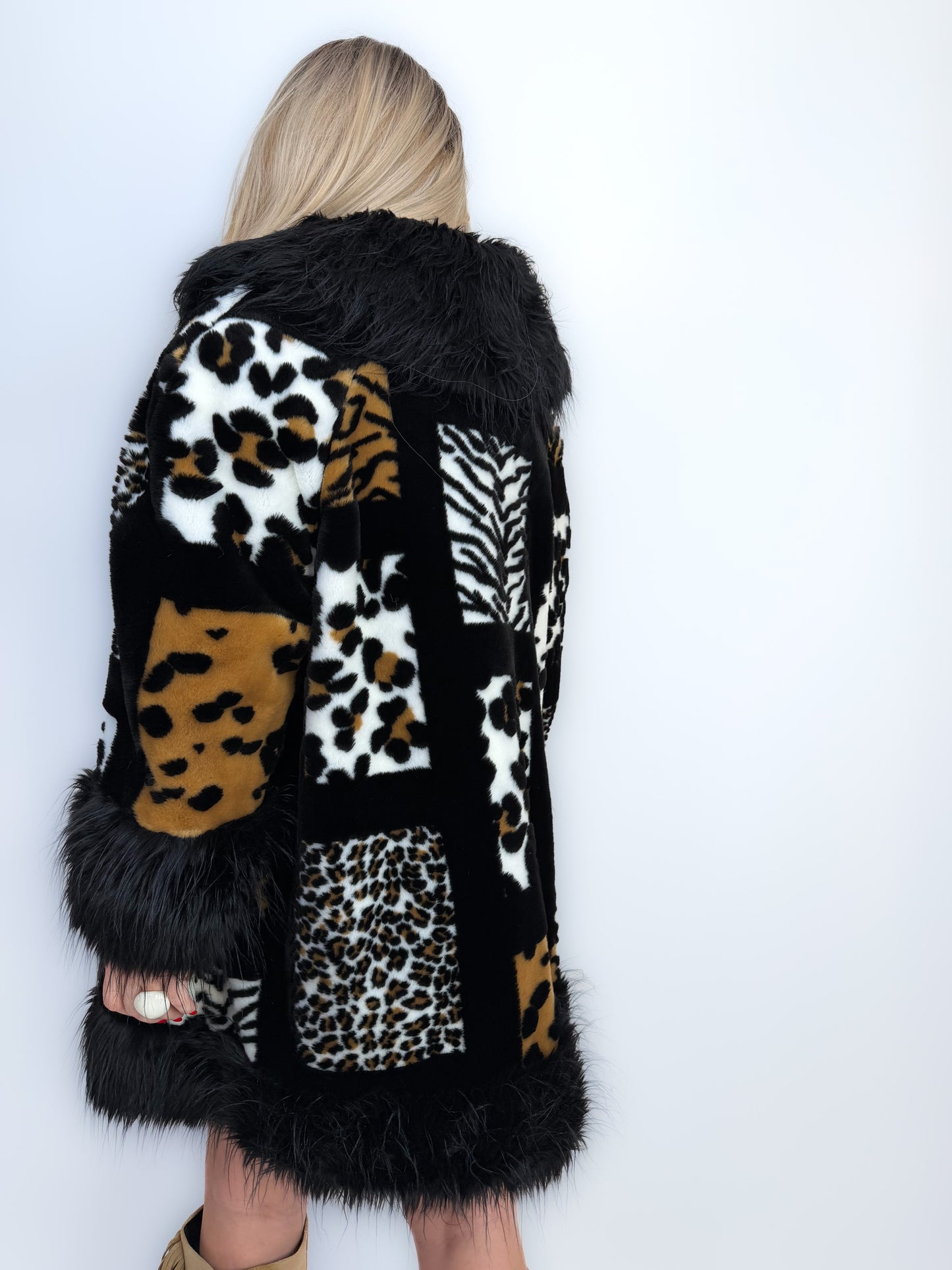 Vintage Faux Fur Coat Animal Print Patchwork Winter Jacket S-L