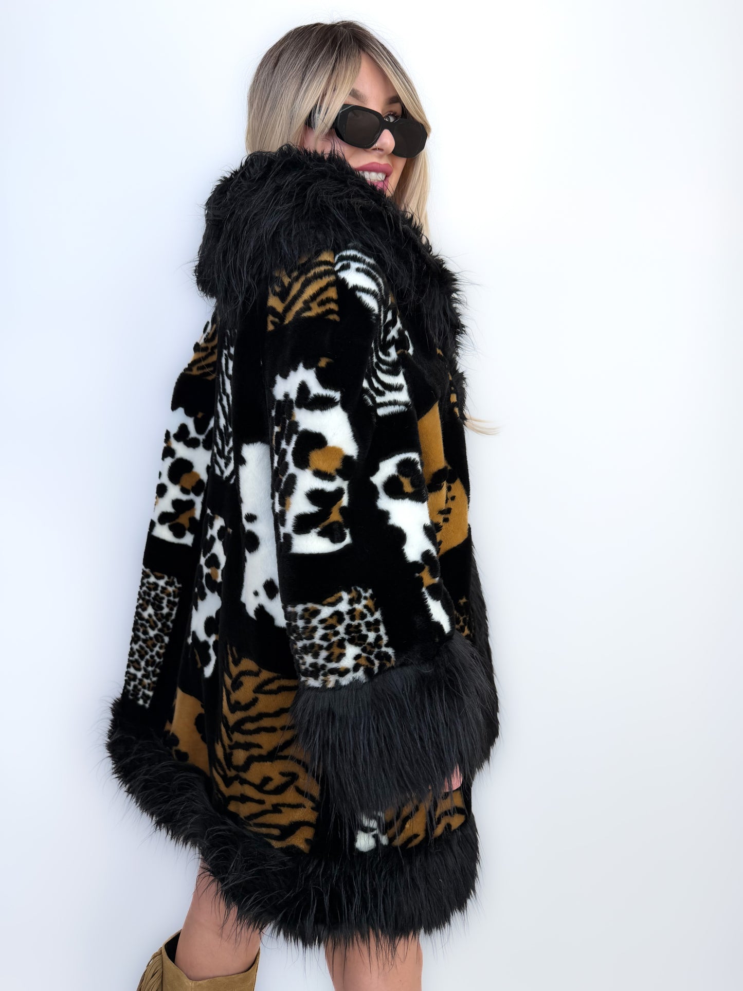 Vintage Faux Fur Coat Animal Print Patchwork Winter Jacket S-L