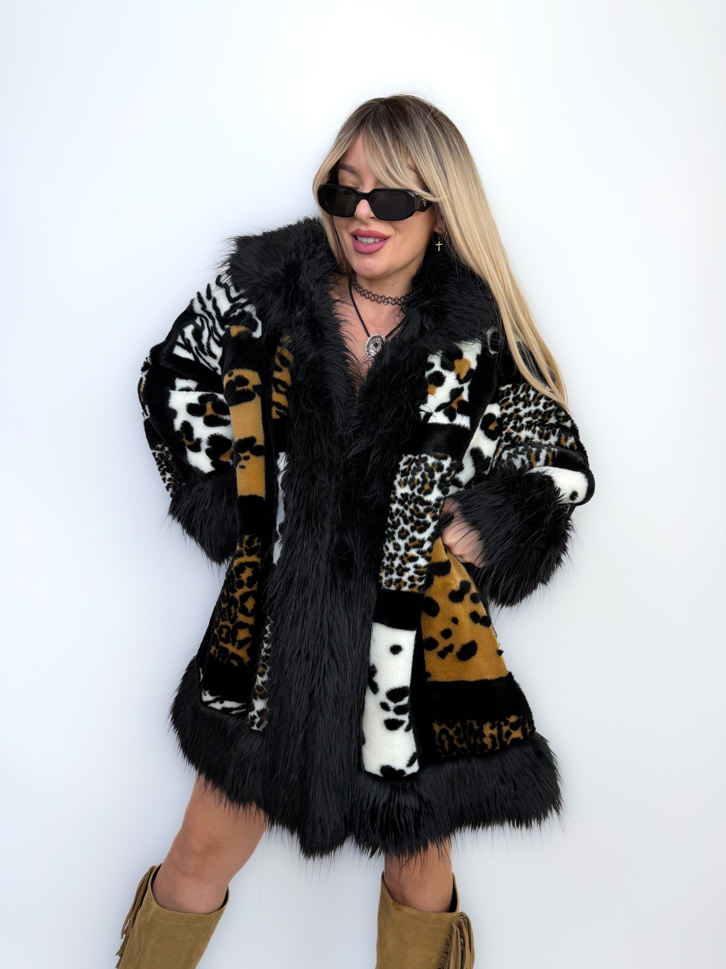 Vintage Faux Fur Coat Animal Print Patchwork Winter Jacket S-L