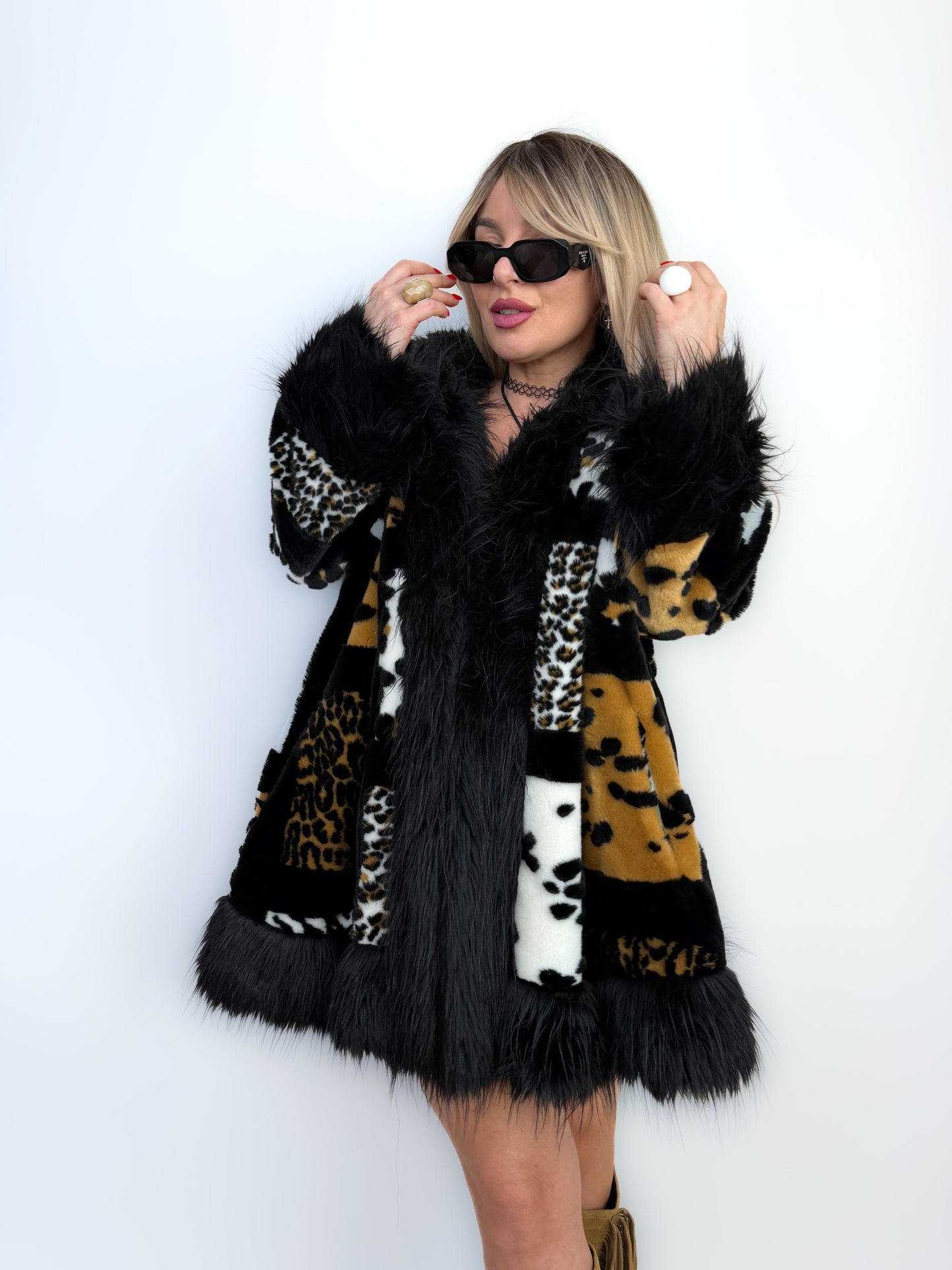 Vintage Faux Fur Coat Animal Print Patchwork Winter Jacket S-L