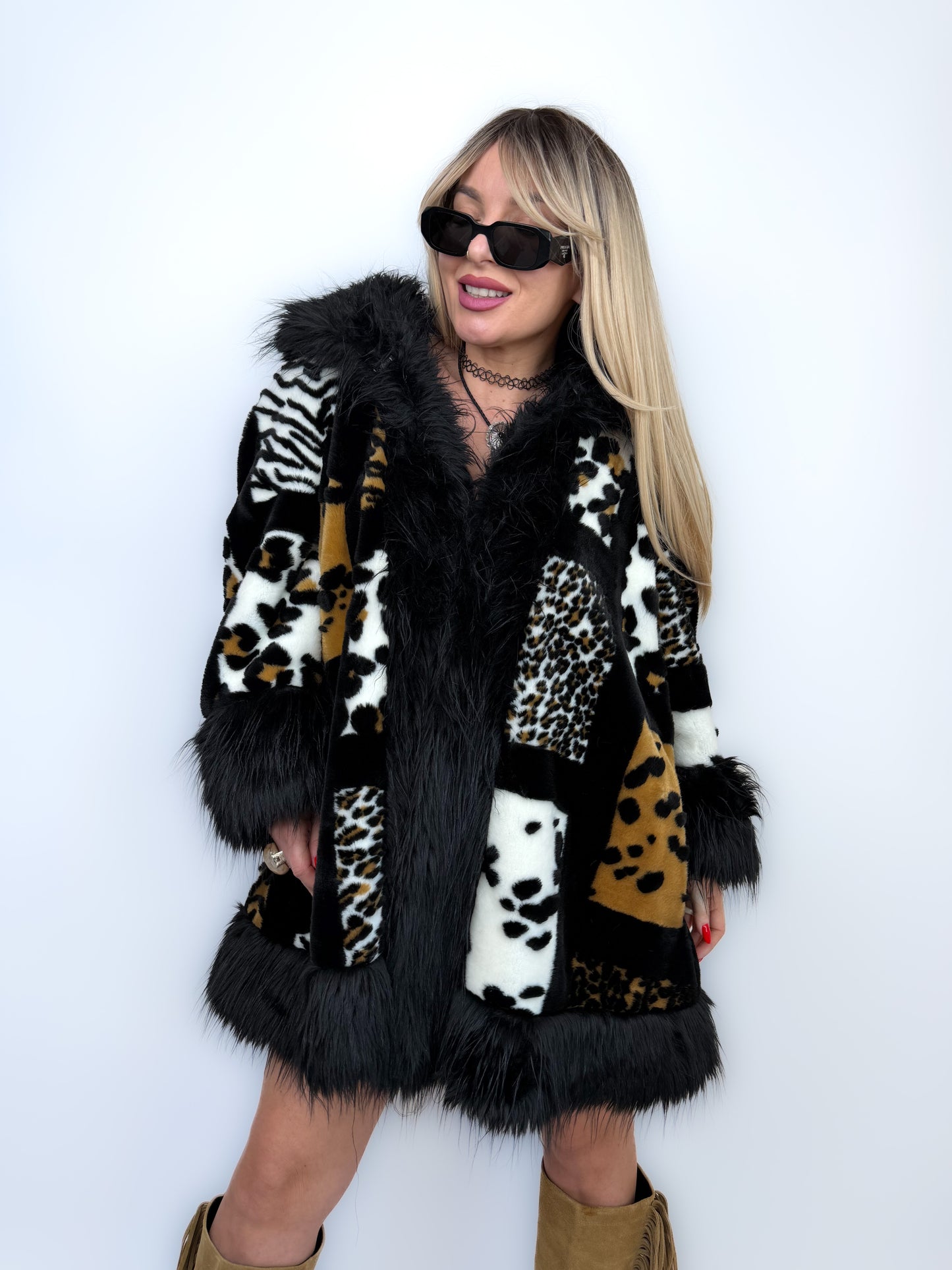 Vintage Faux Fur Coat Animal Print Patchwork Winter Jacket S-L