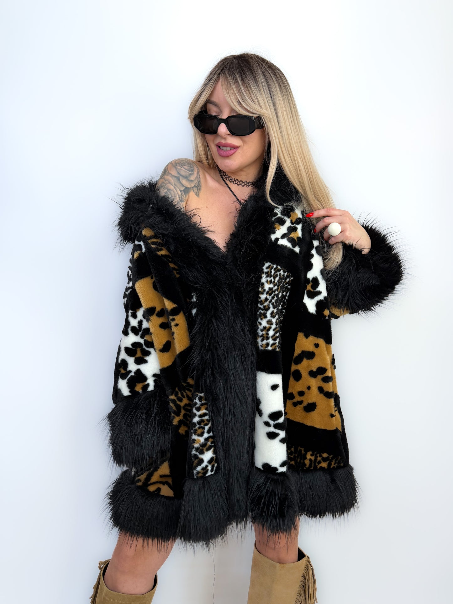 Vintage Faux Fur Coat Animal Print Patchwork Winter Jacket S-L