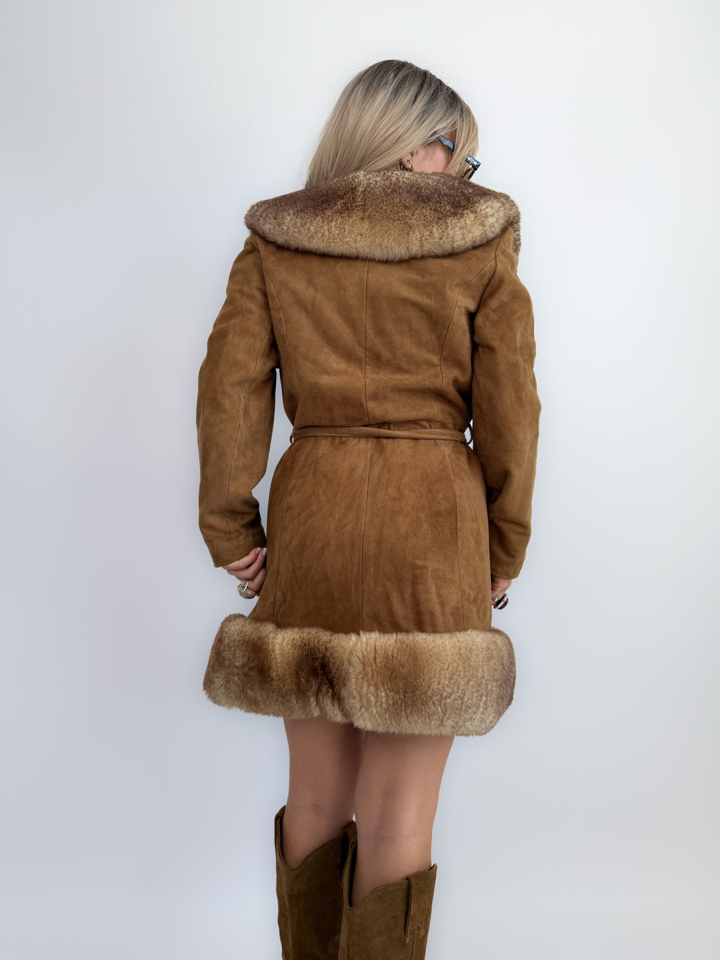 Vintage 70s Penny Lane Brown Leather Afghan Coat with Faux Fur Trim S-M