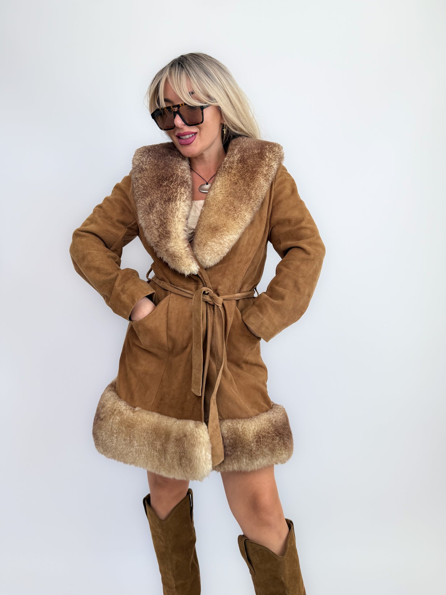 Vintage 70s Penny Lane Brown Leather Afghan Coat with Faux Fur Trim S-M