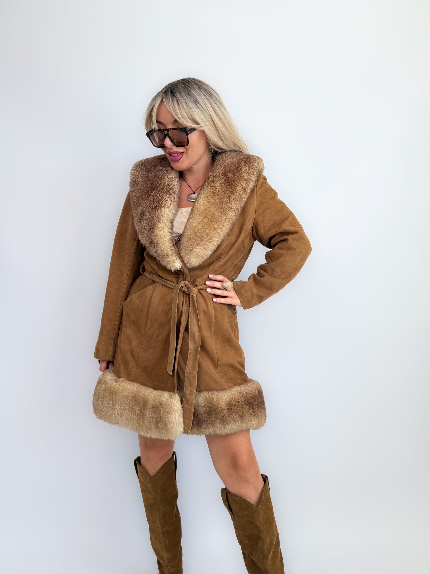Vintage 70s Penny Lane Brown Leather Afghan Coat with Faux Fur Trim S-M