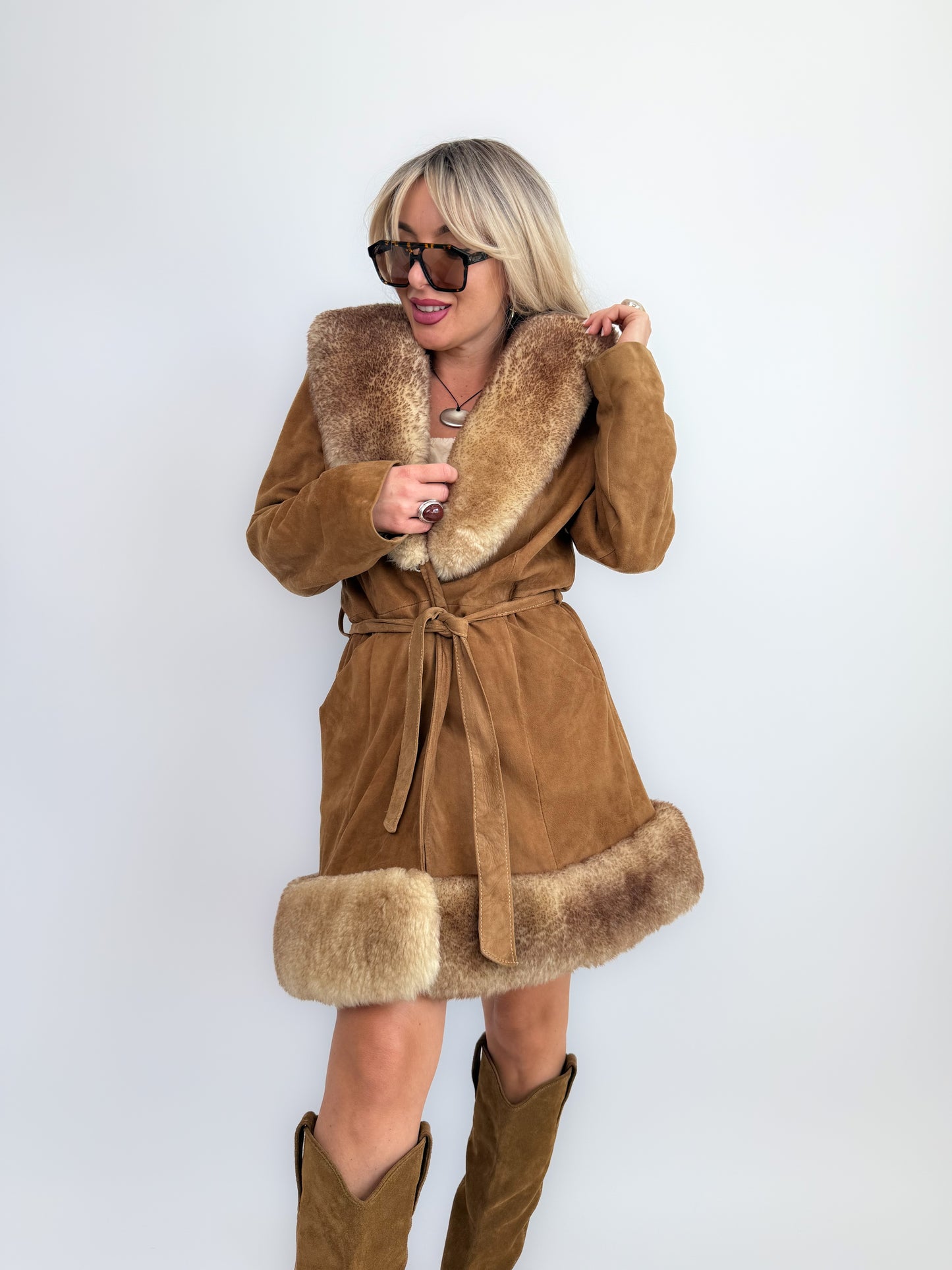 Vintage 70s Penny Lane Brown Leather Afghan Coat with Faux Fur Trim S-M