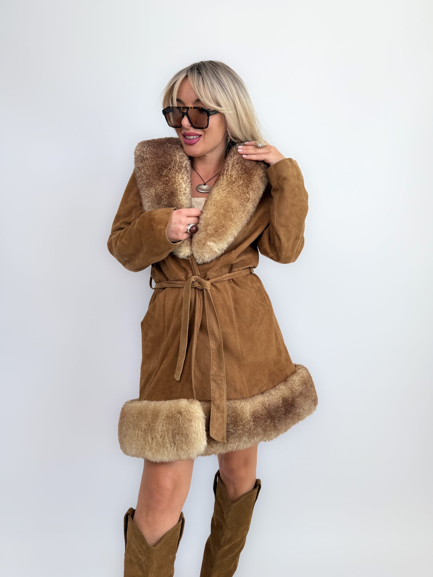 Vintage 70s Penny Lane Brown Leather Afghan Coat with Faux Fur Trim S-M
