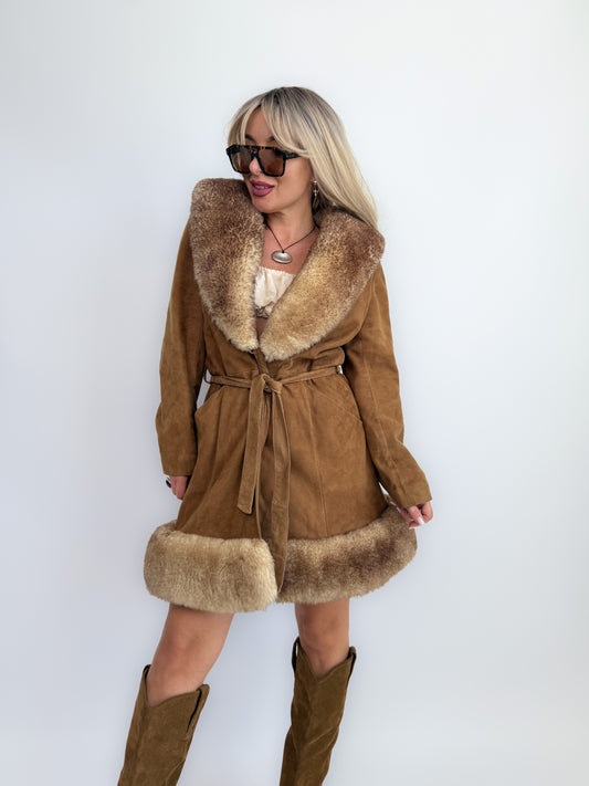 Vintage 70s Penny Lane Brown Leather Afghan Coat with Faux Fur Trim S-M