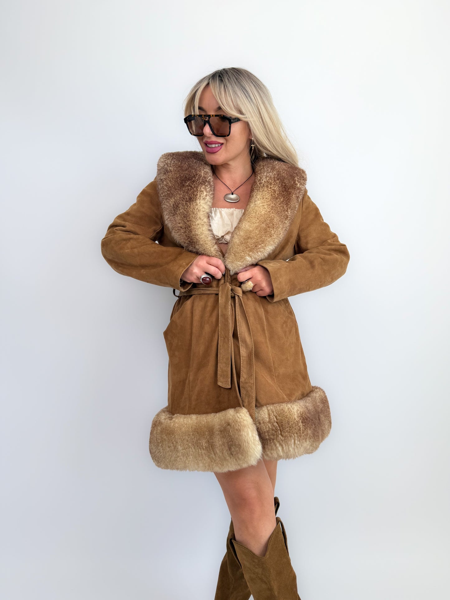 Vintage 70s Penny Lane Brown Leather Afghan Coat with Faux Fur Trim S-M