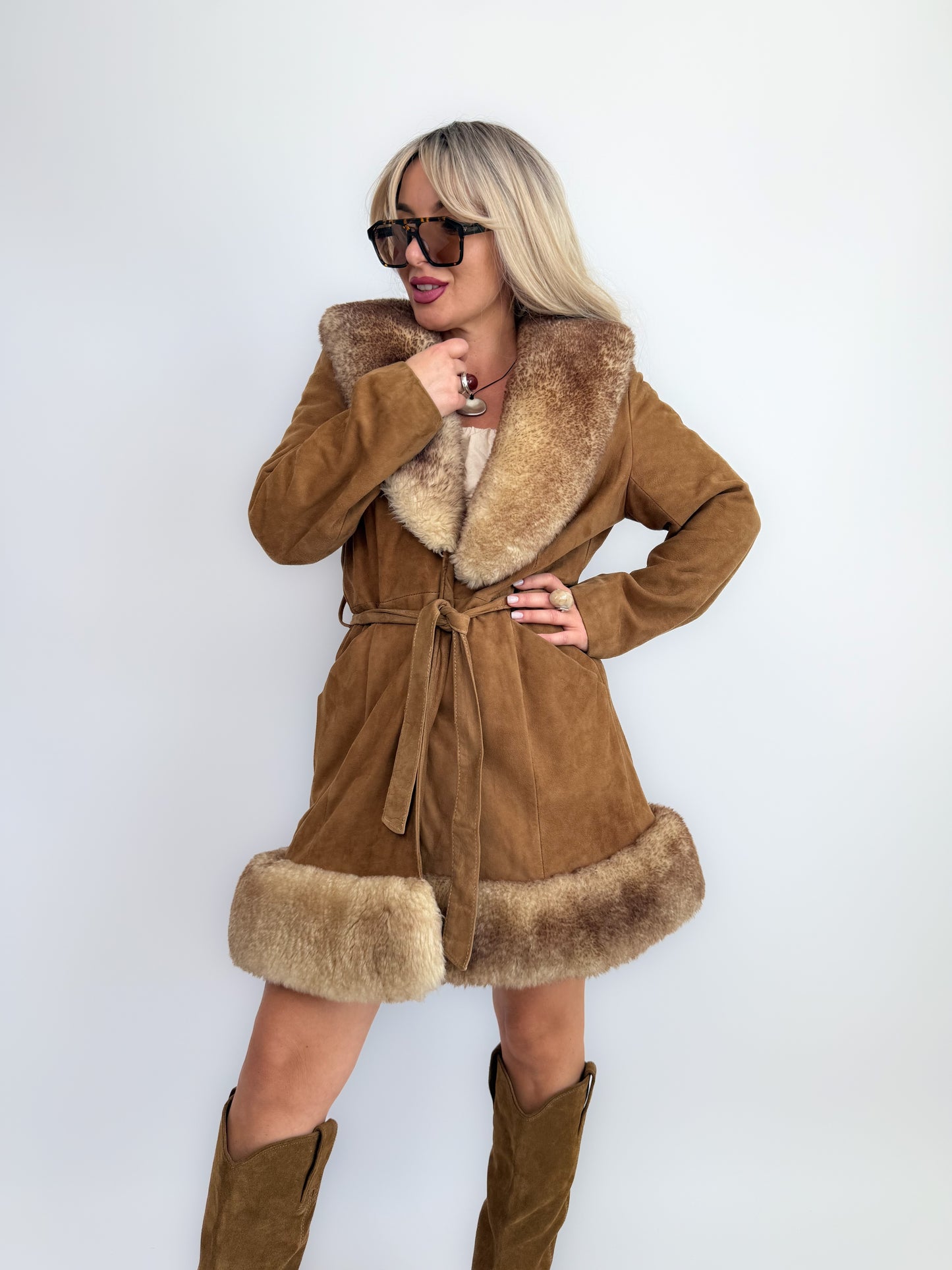 Vintage 70s Penny Lane Brown Leather Afghan Coat with Faux Fur Trim S-M