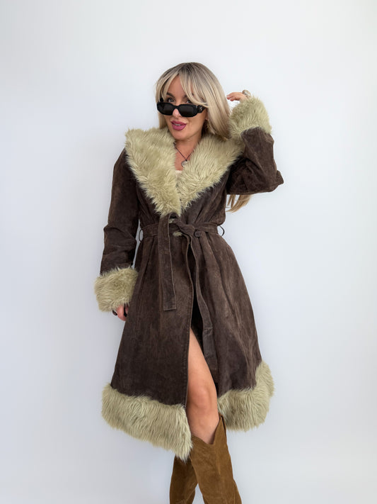 Vintage Brown Suede Afghan Coat: 70s Penny Lane Style Faux Fur Trim Size Medium