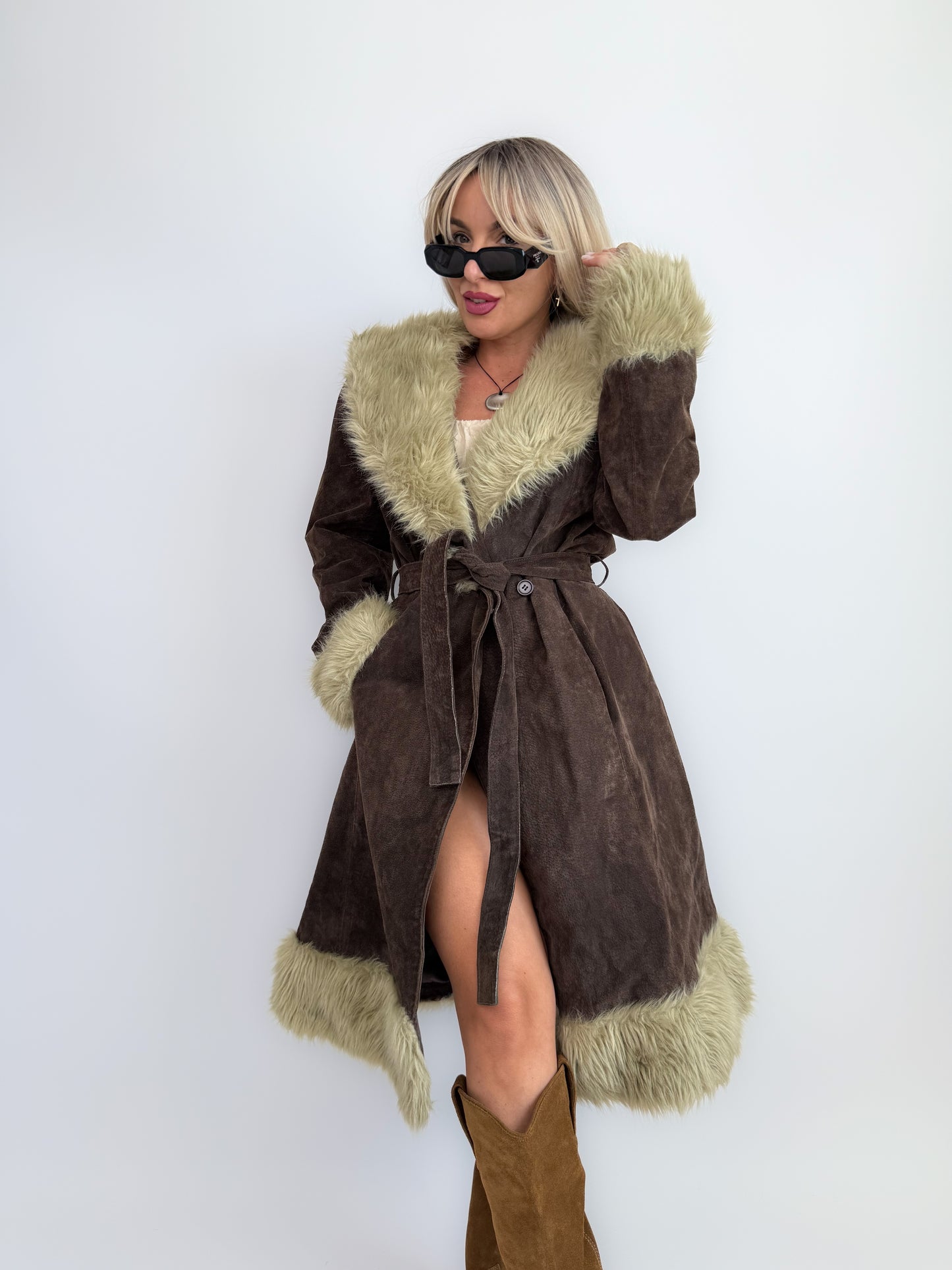 Vintage Brown Suede Afghan Coat: 70s Penny Lane Style Faux Fur Trim Size Medium