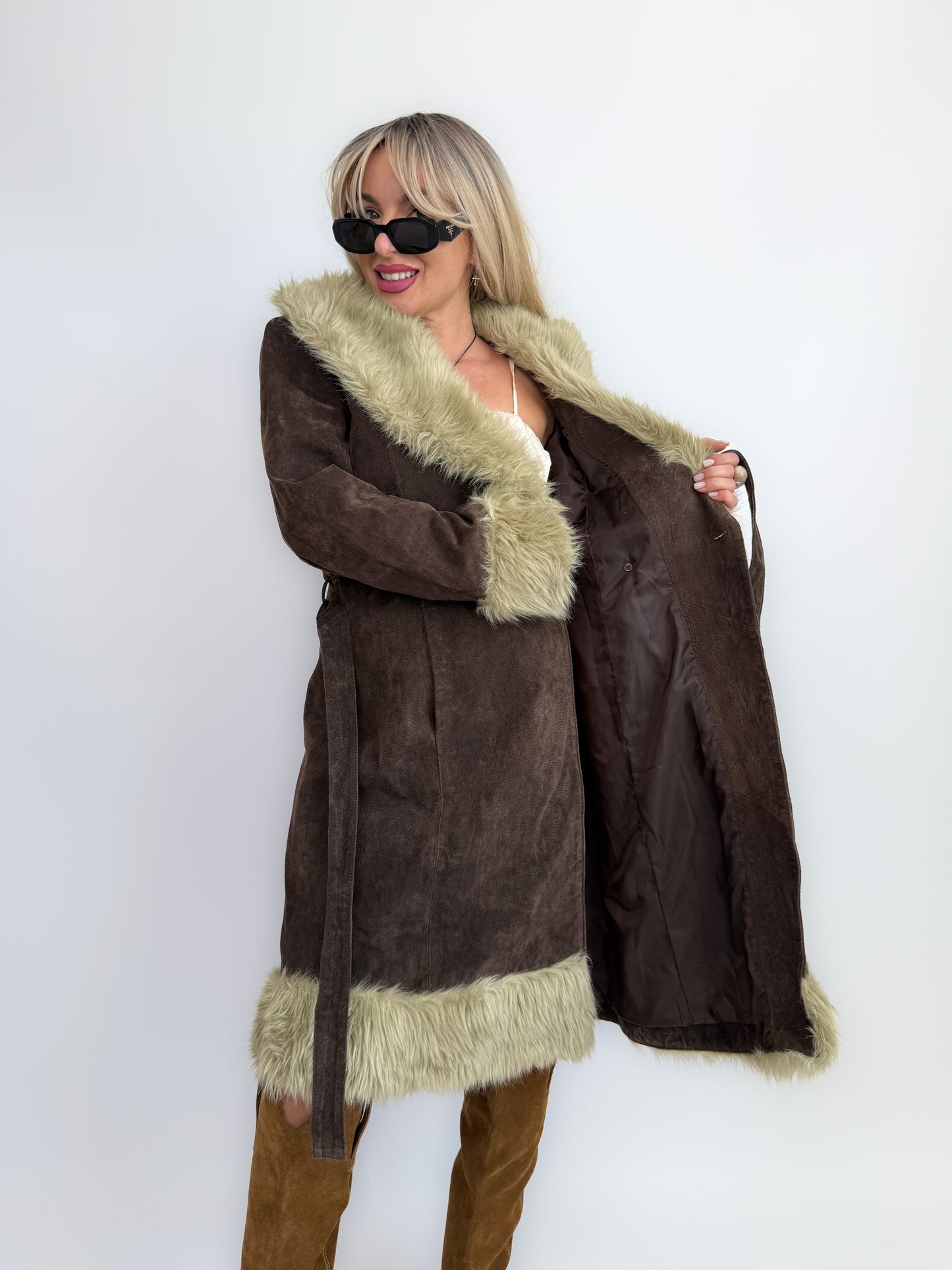 Vintage Brown Suede Afghan Coat: 70s Penny Lane Style Faux Fur Trim Size Medium