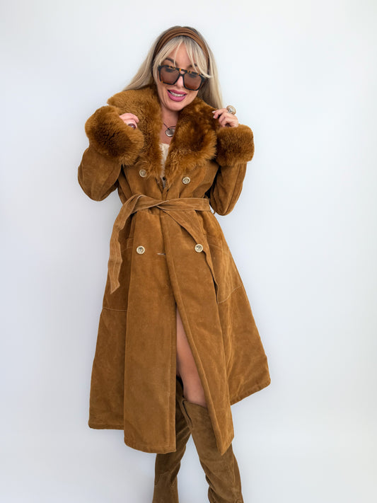 Vintage Brown Suede Afghan Coat: 70s Penny Lane Style Faux Fur Trim S