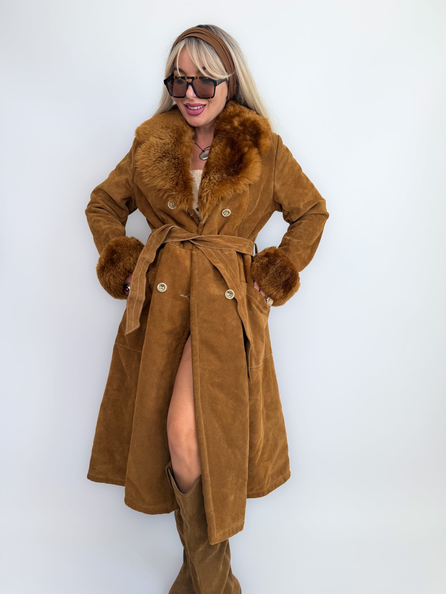 Vintage Brown Suede Afghan Coat: 70s Penny Lane Style Faux Fur Trim S