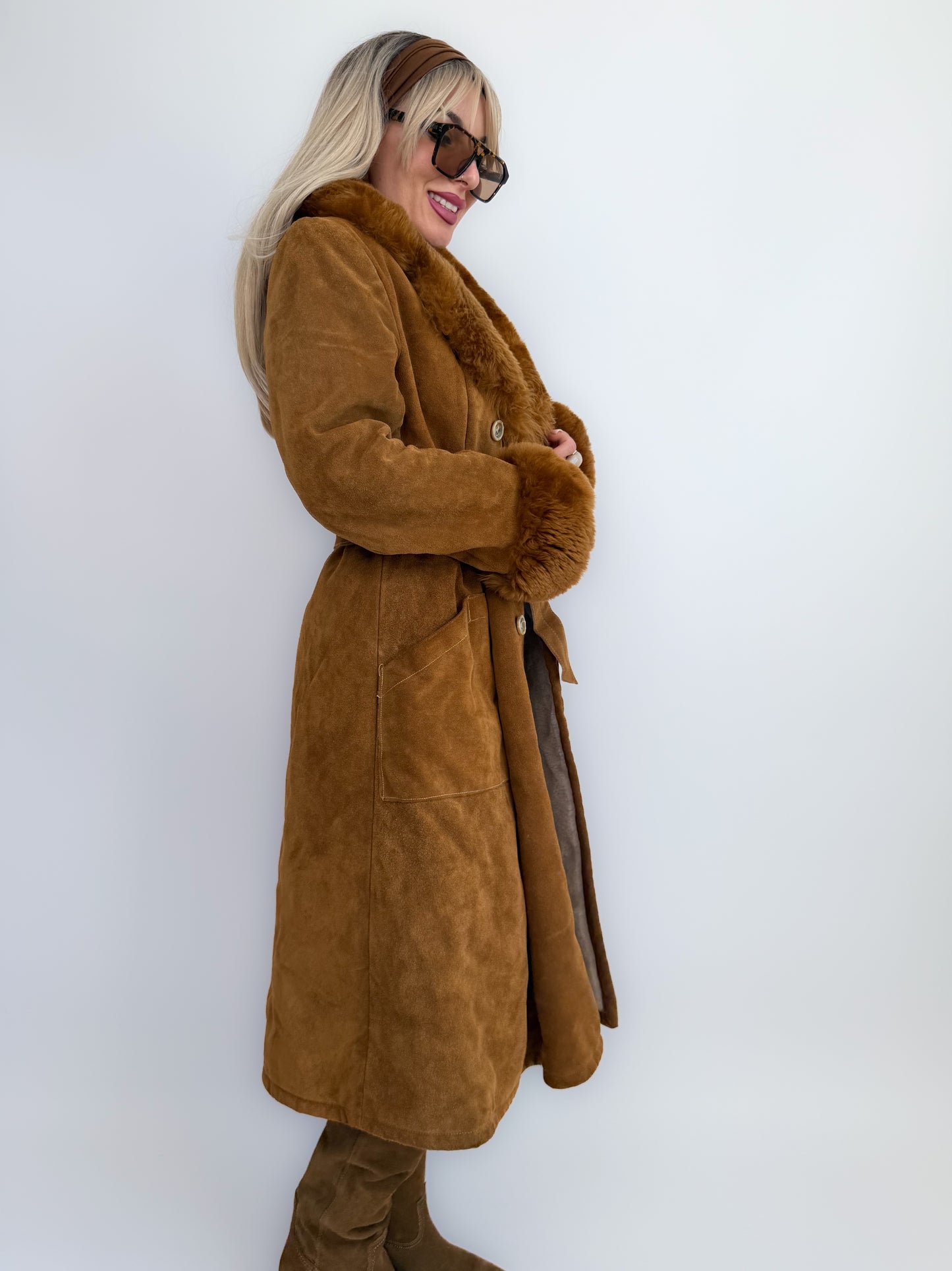 Vintage Brown Suede Afghan Coat: 70s Penny Lane Style Faux Fur Trim S