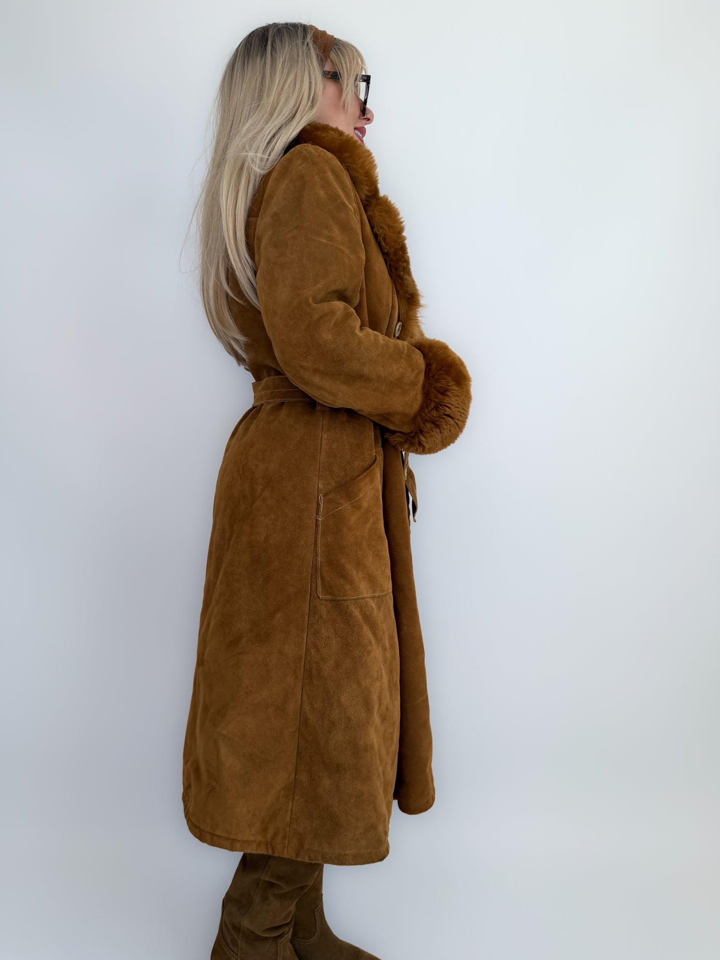 Vintage Brown Suede Afghan Coat: 70s Penny Lane Style Faux Fur Trim S