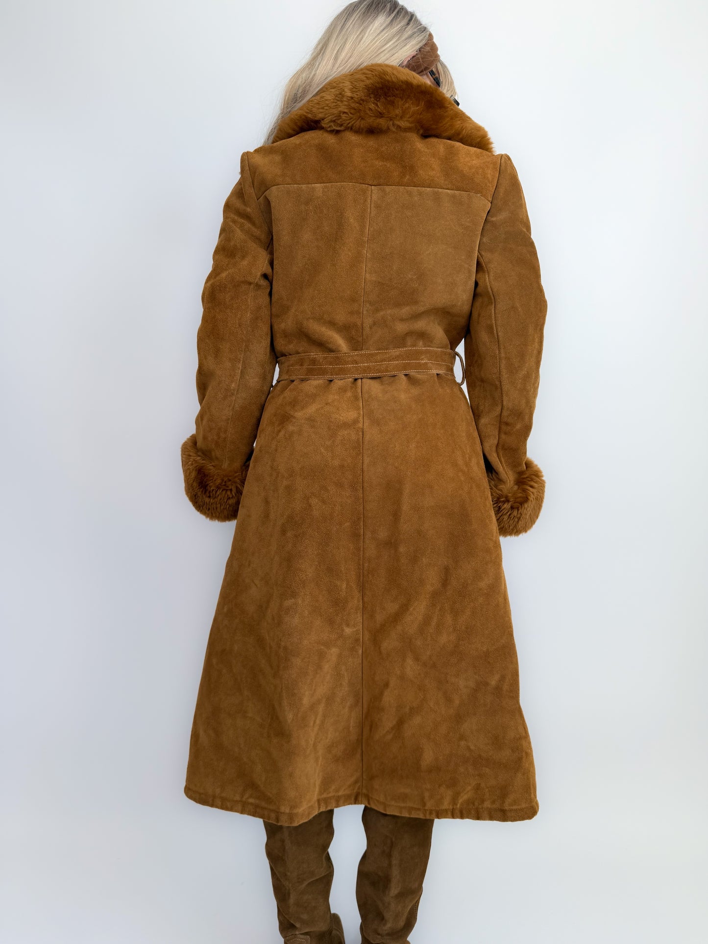 Vintage Brown Suede Afghan Coat: 70s Penny Lane Style Faux Fur Trim S
