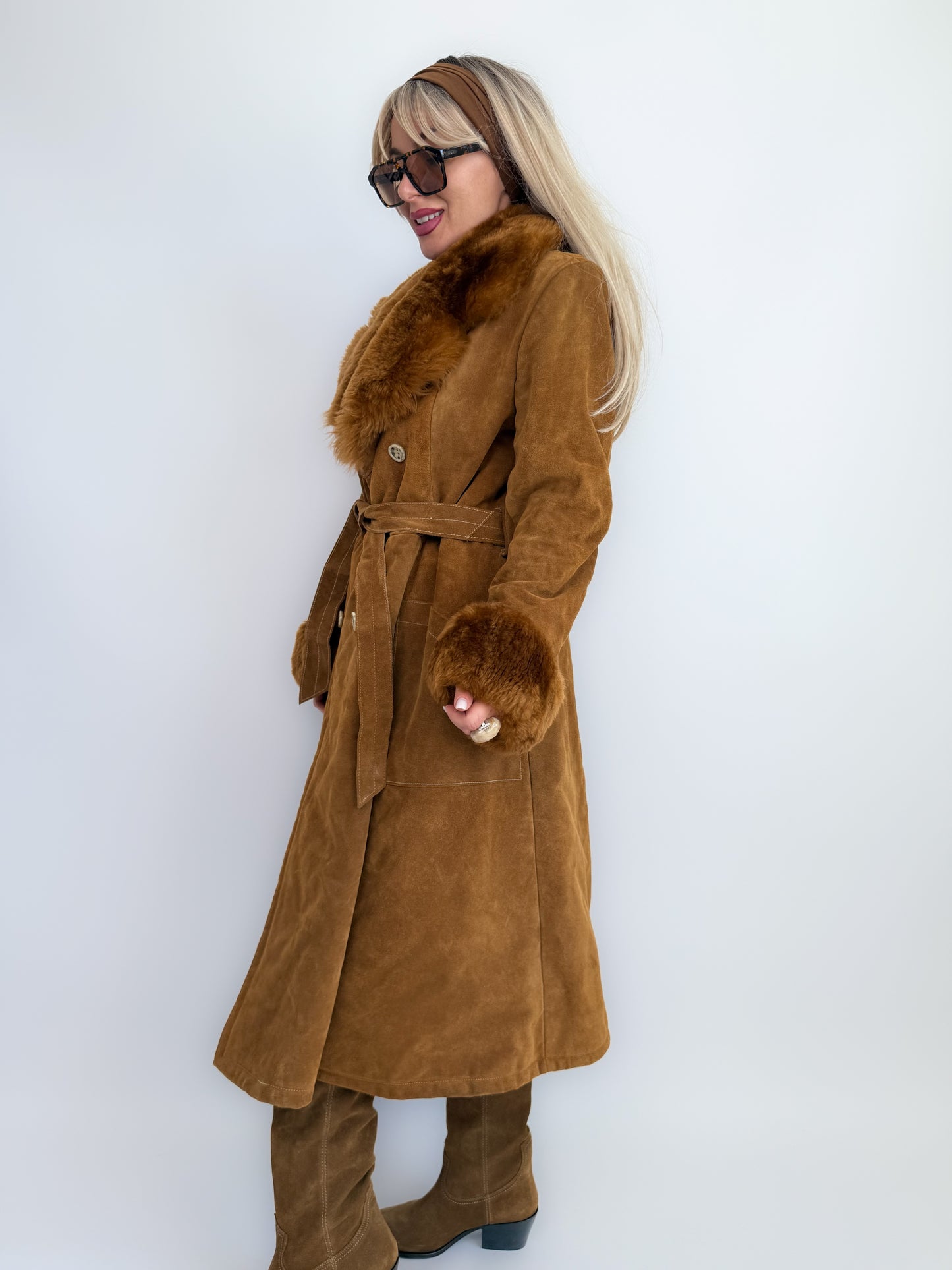 Vintage Brown Suede Afghan Coat: 70s Penny Lane Style Faux Fur Trim S