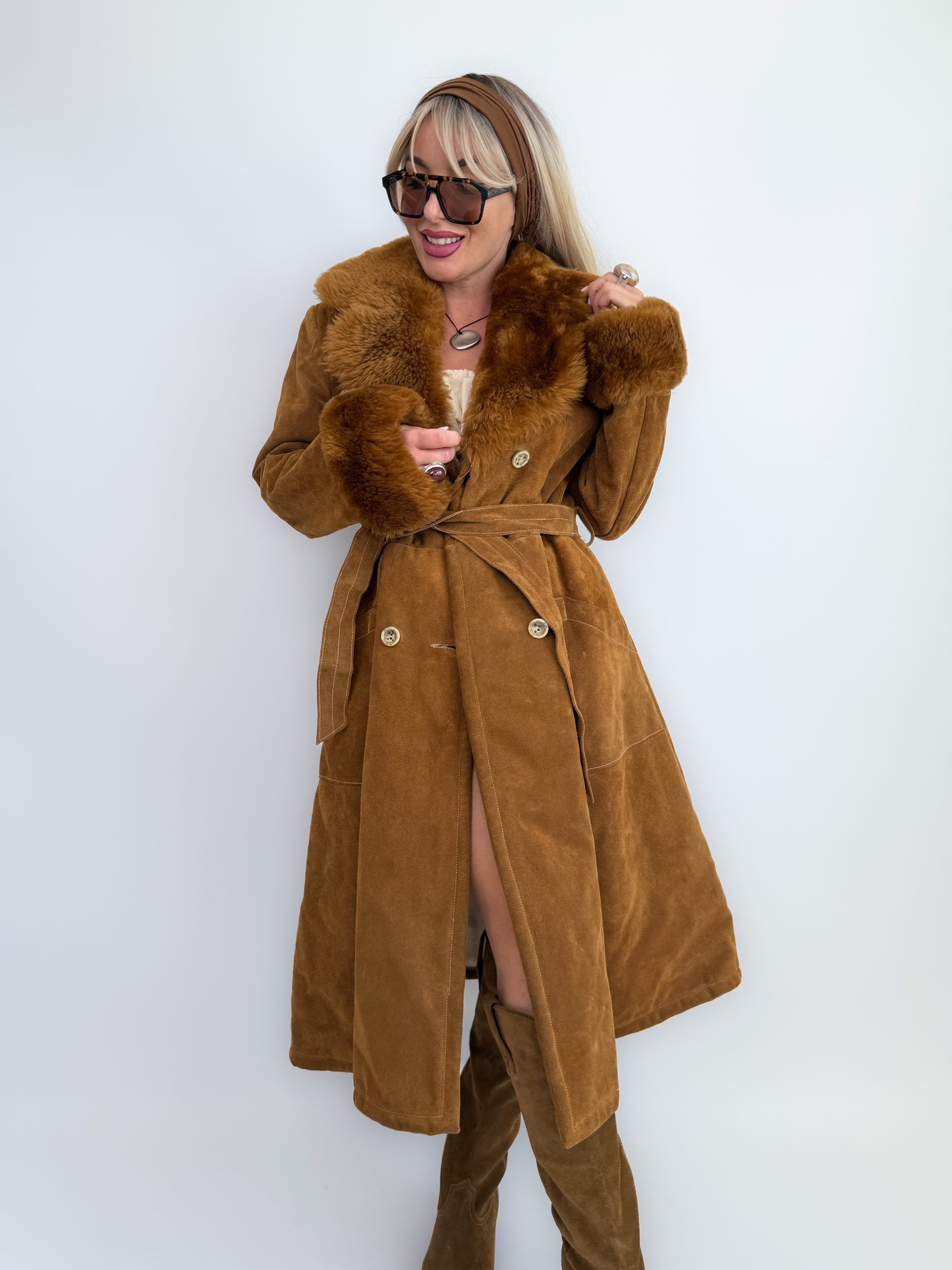 Vintage Brown Suede Afghan Coat: 70s Penny Lane Style Faux Fur Trim S