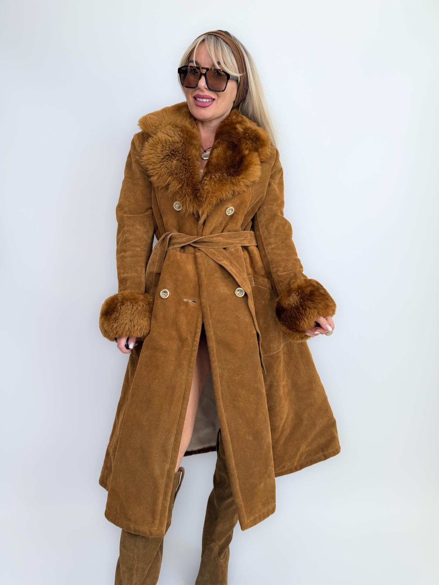 Vintage Brown Suede Afghan Coat: 70s Penny Lane Style Faux Fur Trim S