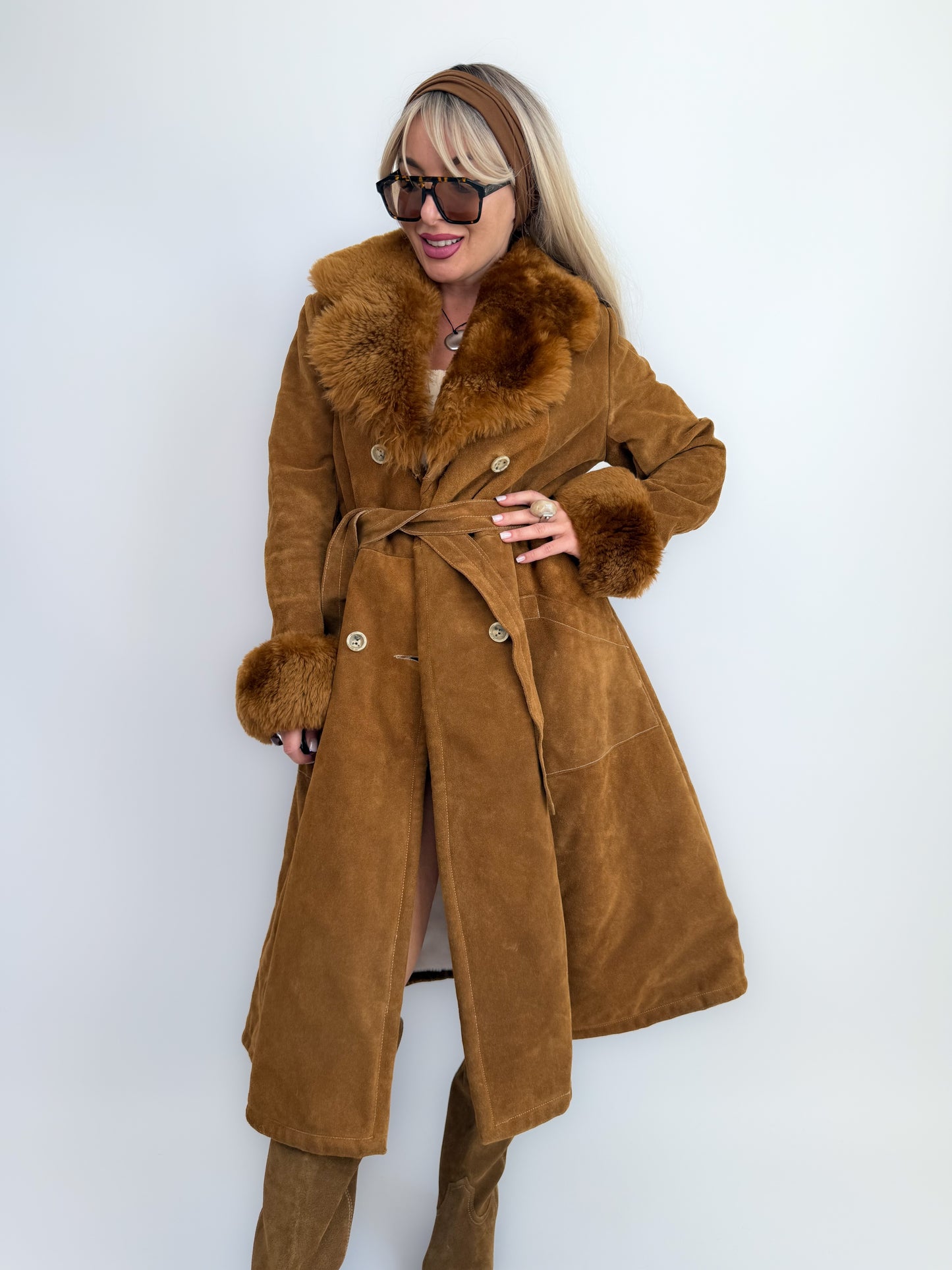 Vintage Brown Suede Afghan Coat: 70s Penny Lane Style Faux Fur Trim S