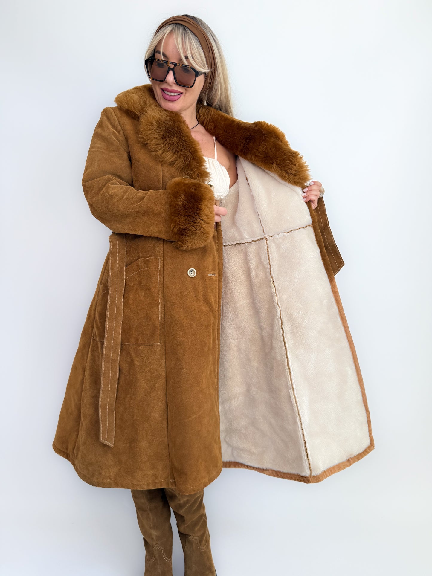 Vintage Brown Suede Afghan Coat: 70s Penny Lane Style Faux Fur Trim S