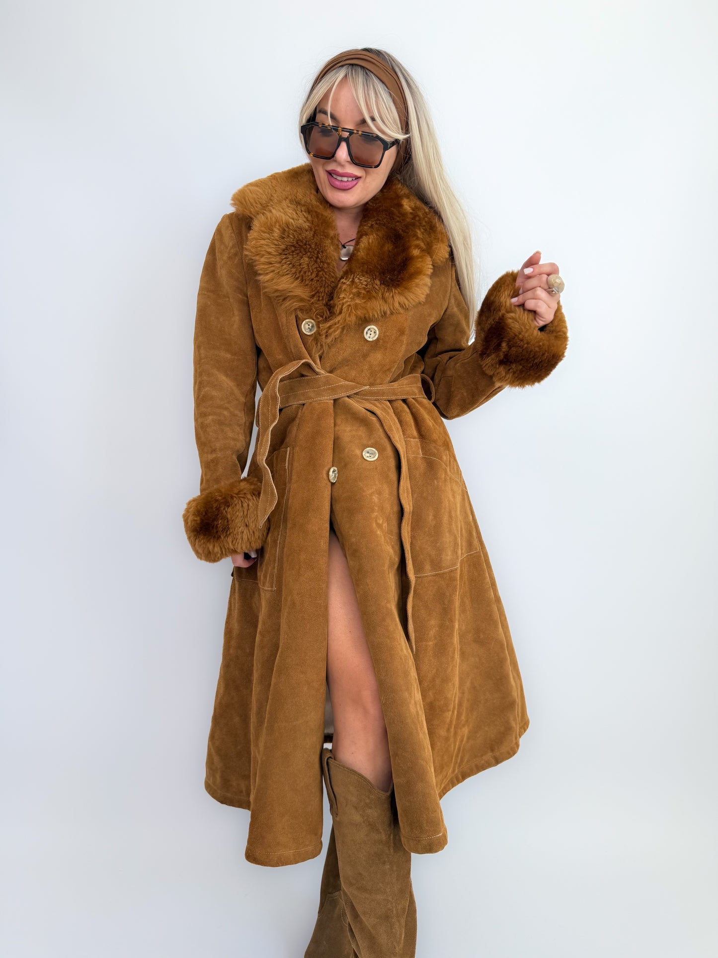 Vintage Brown Suede Afghan Coat: 70s Penny Lane Style Faux Fur Trim S