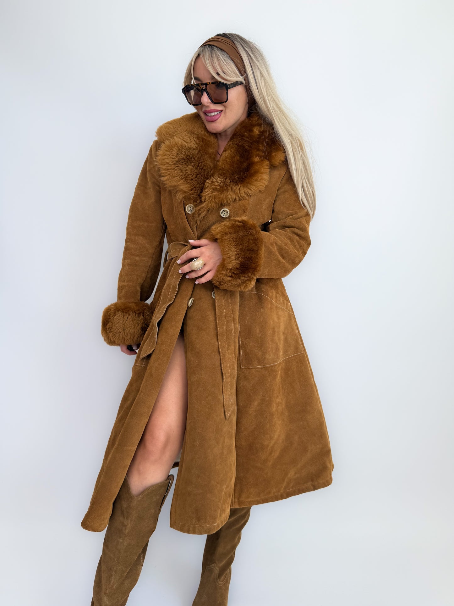 Vintage Brown Suede Afghan Coat: 70s Penny Lane Style Faux Fur Trim S