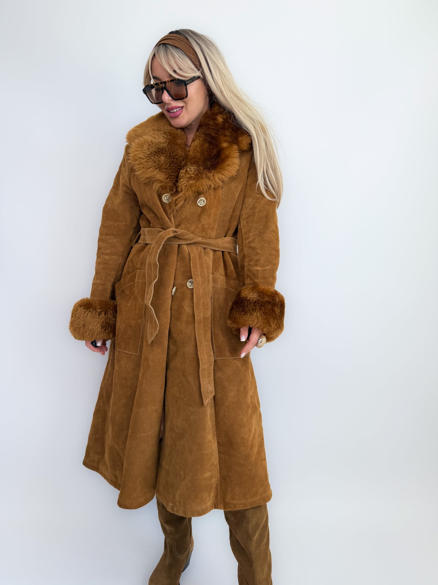 Vintage Brown Suede Afghan Coat: 70s Penny Lane Style Faux Fur Trim S