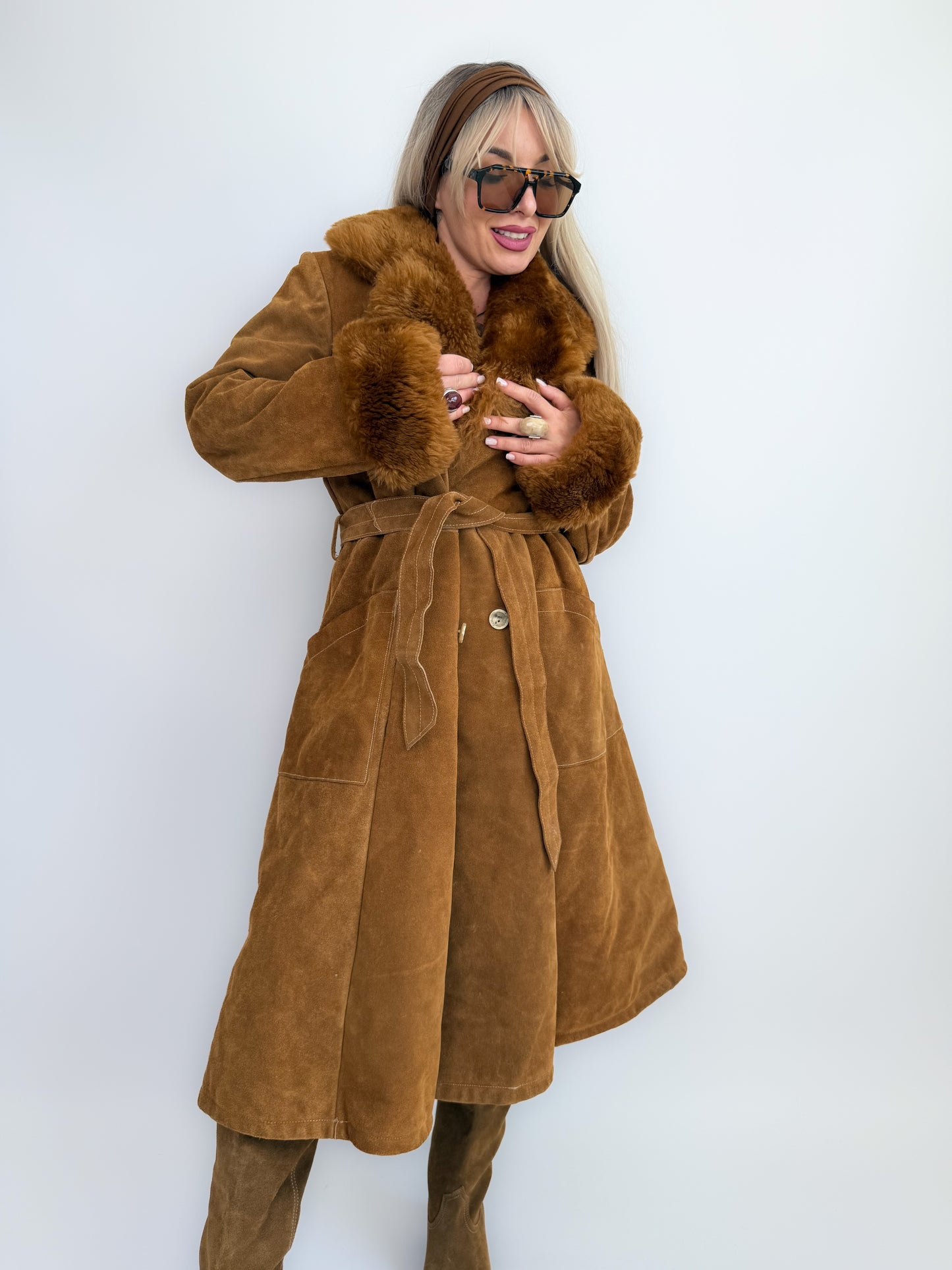 Vintage Brown Suede Afghan Coat: 70s Penny Lane Style Faux Fur Trim S
