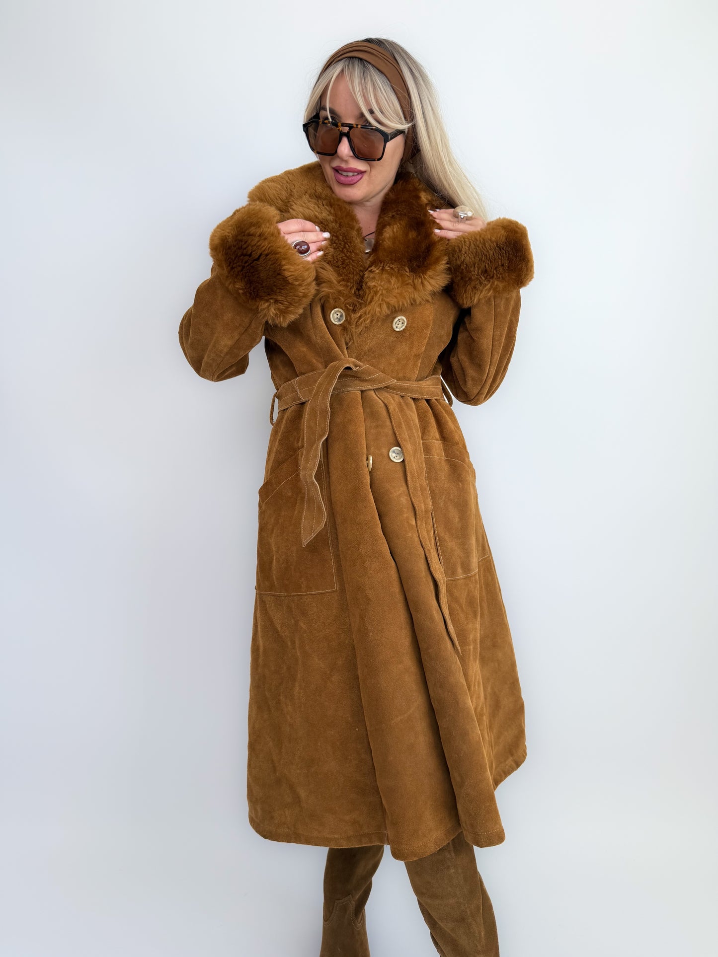Vintage Brown Suede Afghan Coat: 70s Penny Lane Style Faux Fur Trim S