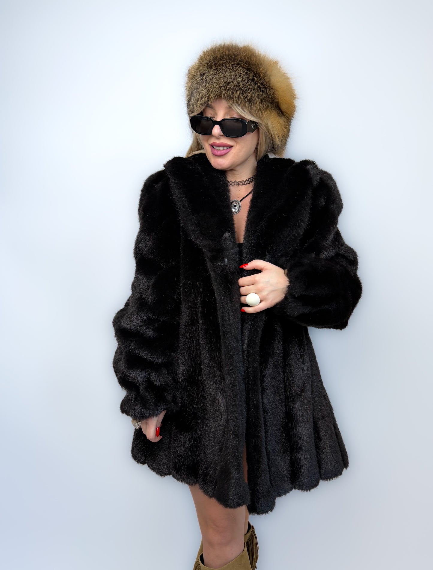 Vintage Faux Fur Mink Coat - Black Mid Length Winter Jacket S-M
