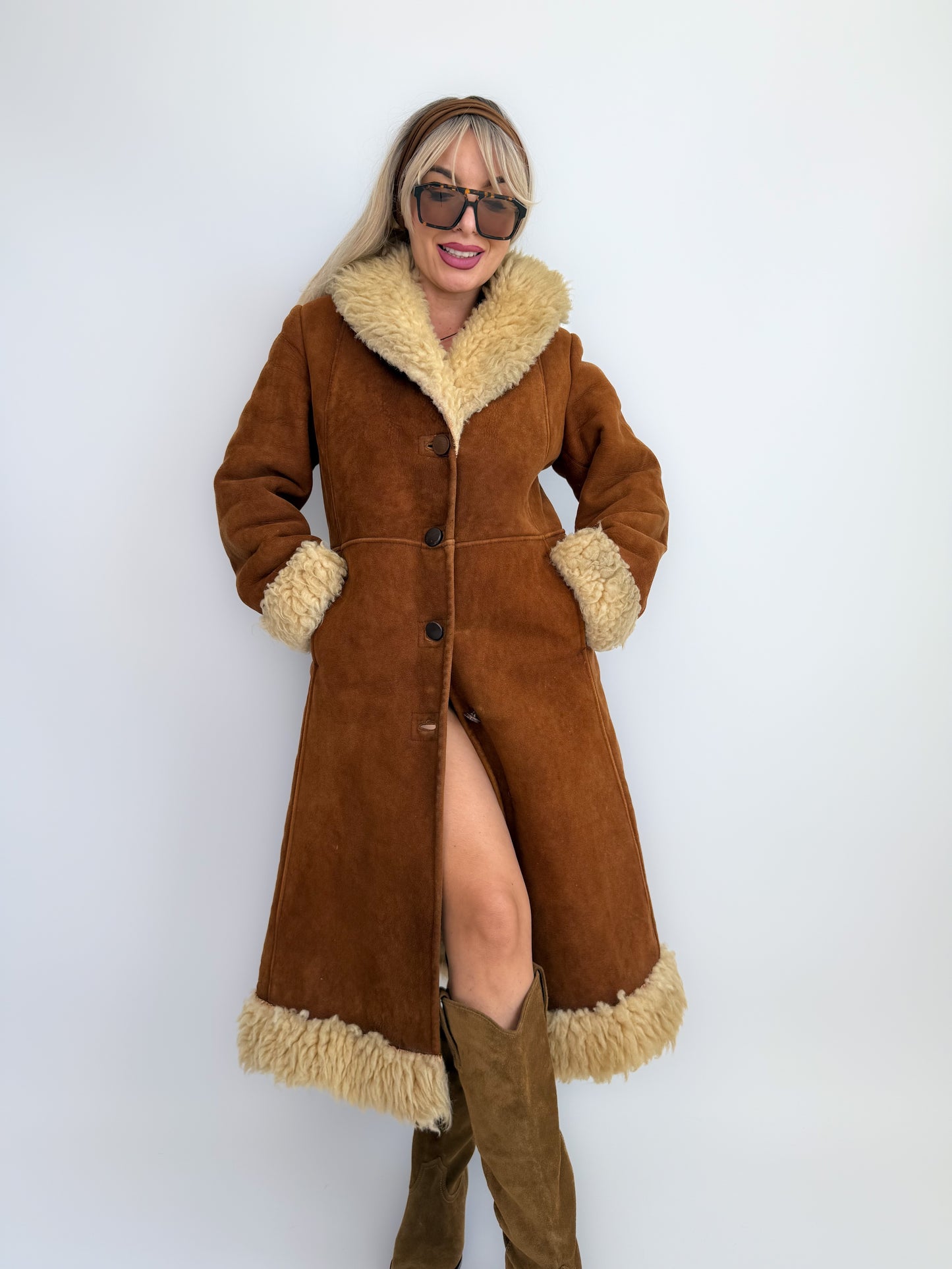 Vintage Brown Suede Afghan Coat: 70s Penny Lane Style Faux Fur Trim S