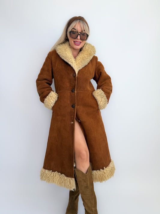 Vintage Brown Suede Afghan Coat: 70s Penny Lane Style Faux Fur Trim S