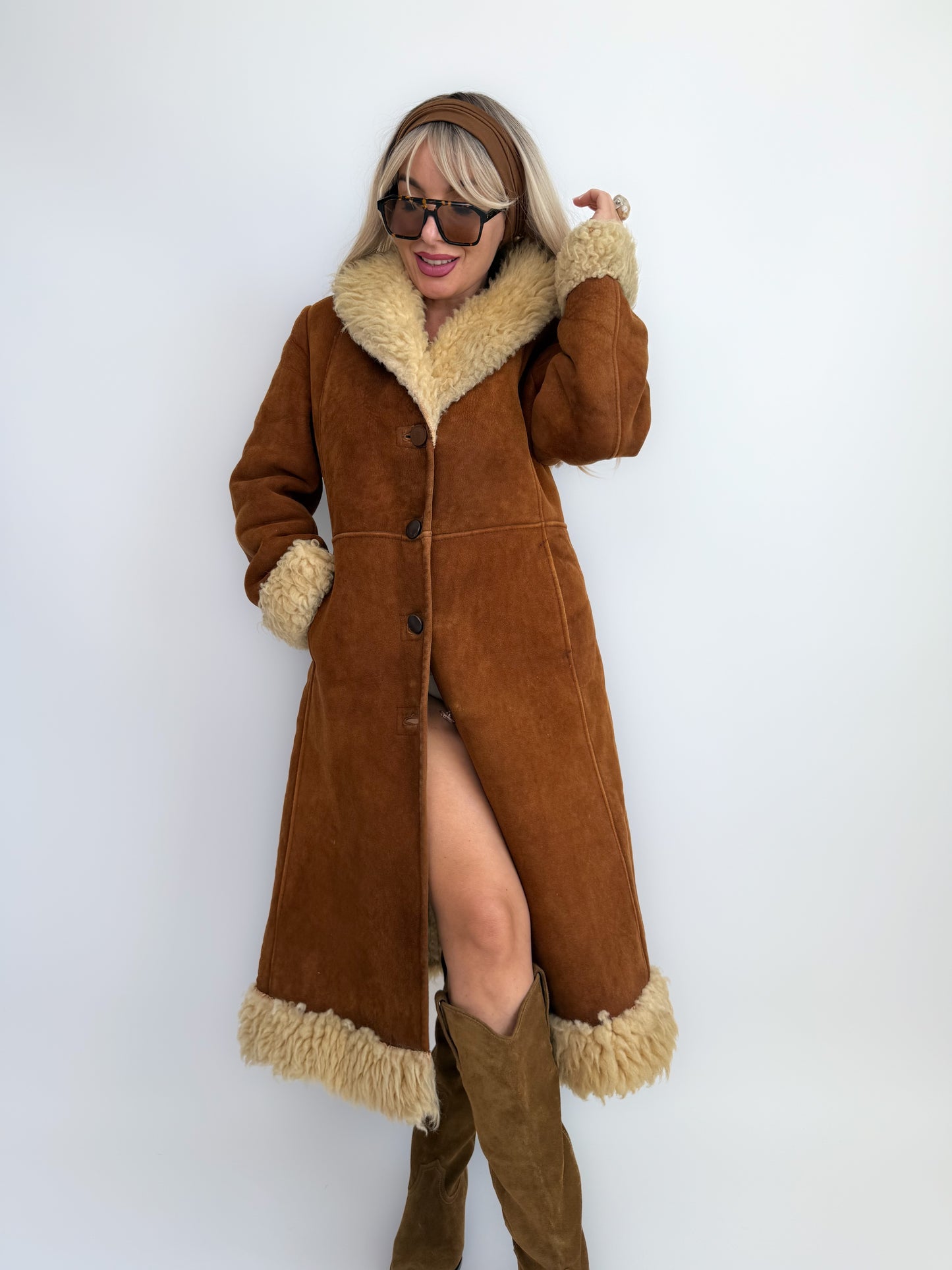 Vintage Brown Suede Afghan Coat: 70s Penny Lane Style Faux Fur Trim S