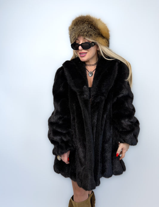 Vintage Faux Fur Mink Coat - Black Mid Length Winter Jacket S-M