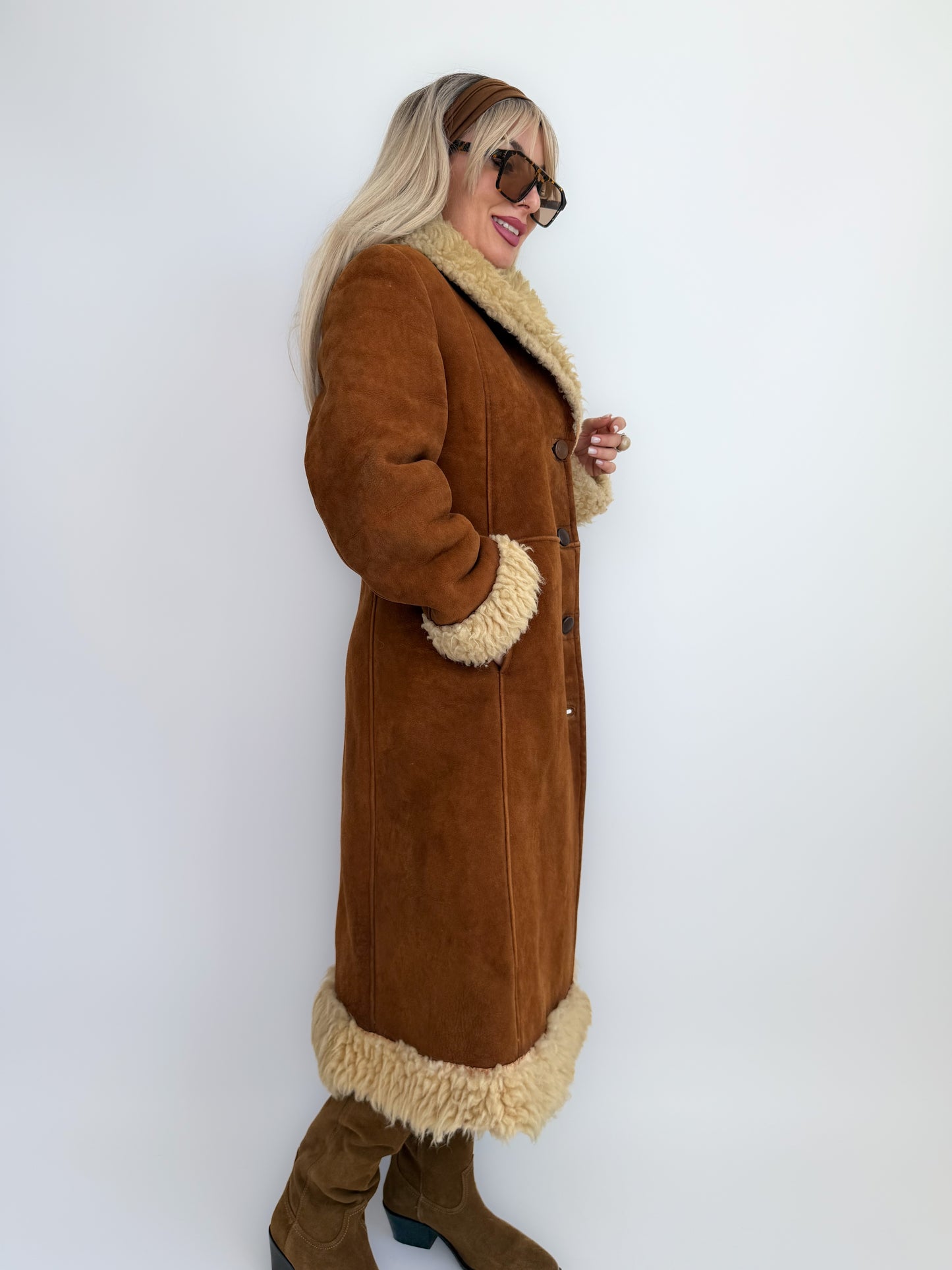 Vintage Brown Suede Afghan Coat: 70s Penny Lane Style Faux Fur Trim S