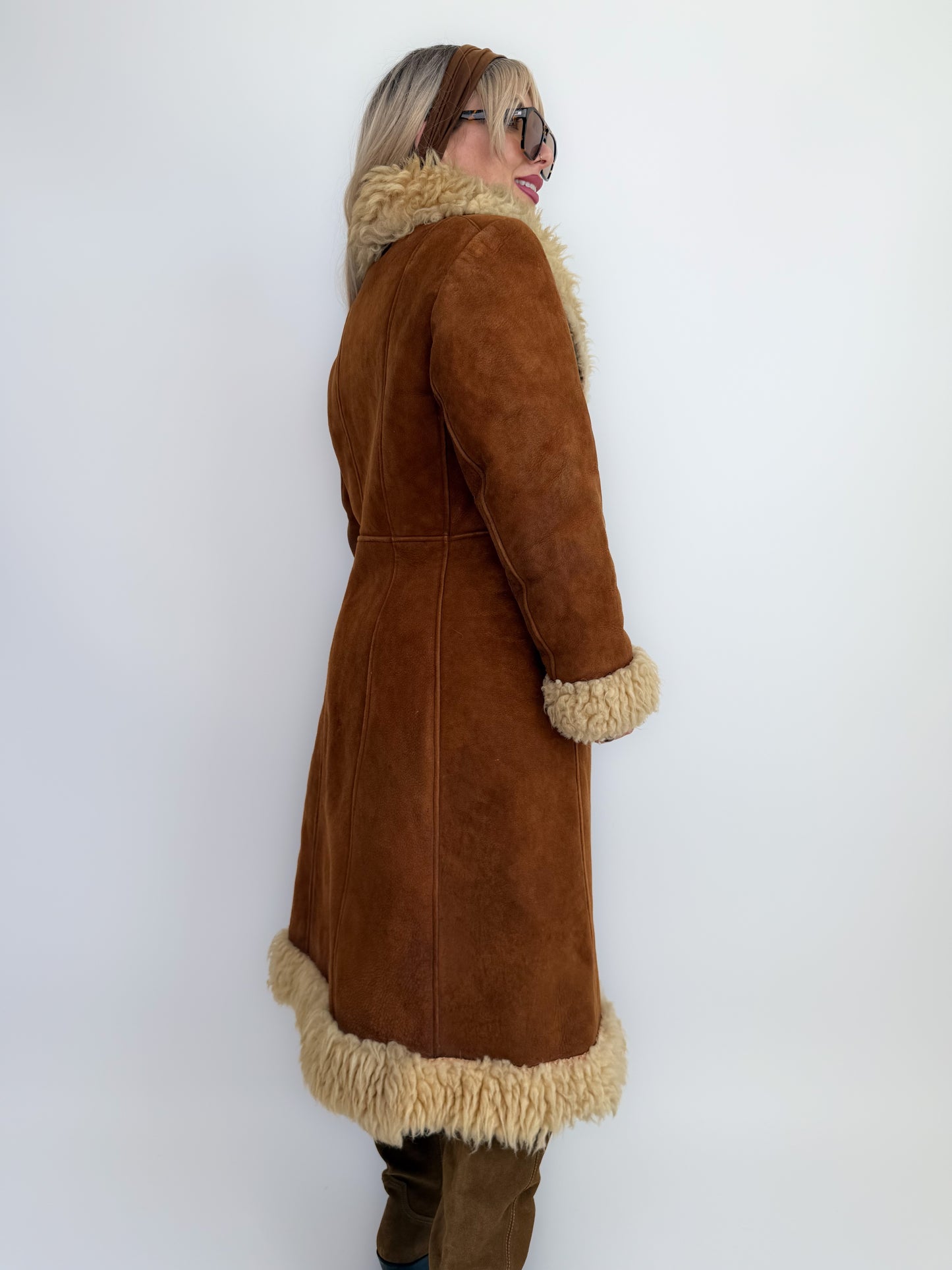Vintage Brown Suede Afghan Coat: 70s Penny Lane Style Faux Fur Trim S