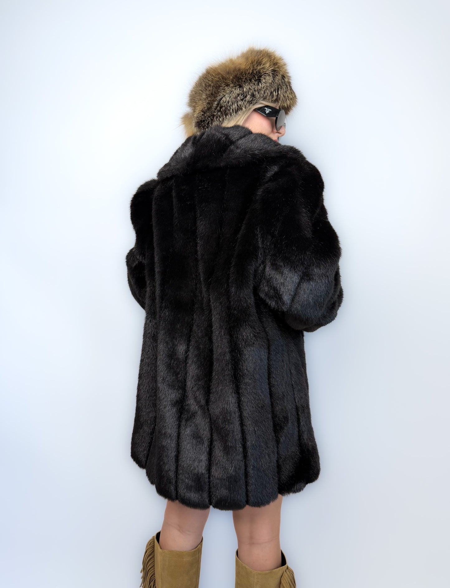 Vintage Faux Fur Mink Coat - Black Mid Length Winter Jacket S-M