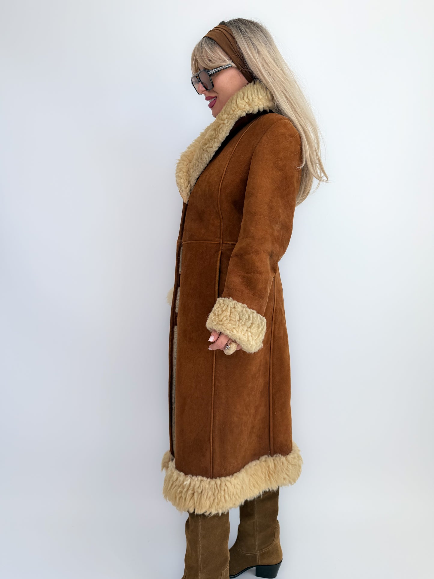 Vintage Brown Suede Afghan Coat: 70s Penny Lane Style Faux Fur Trim S