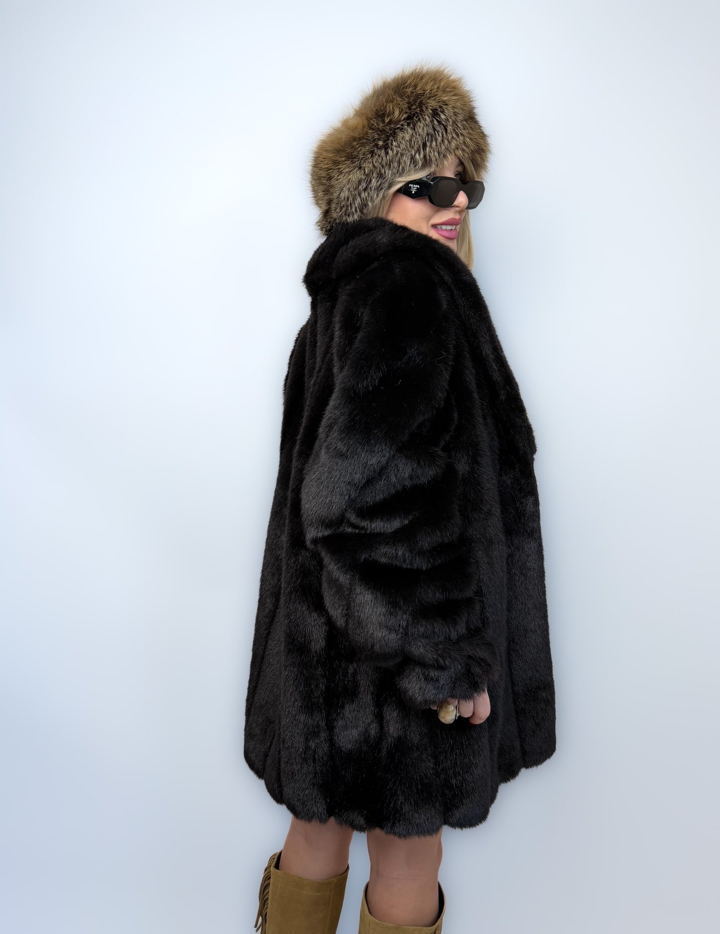 Vintage Faux Fur Mink Coat - Black Mid Length Winter Jacket S-M