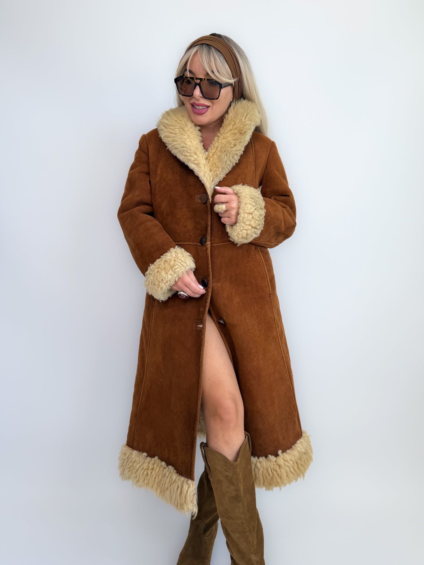 Vintage Brown Suede Afghan Coat: 70s Penny Lane Style Faux Fur Trim S