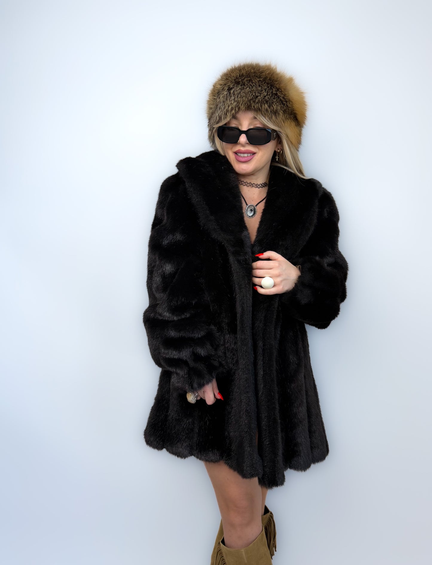 Vintage Faux Fur Mink Coat - Black Mid Length Winter Jacket S-M