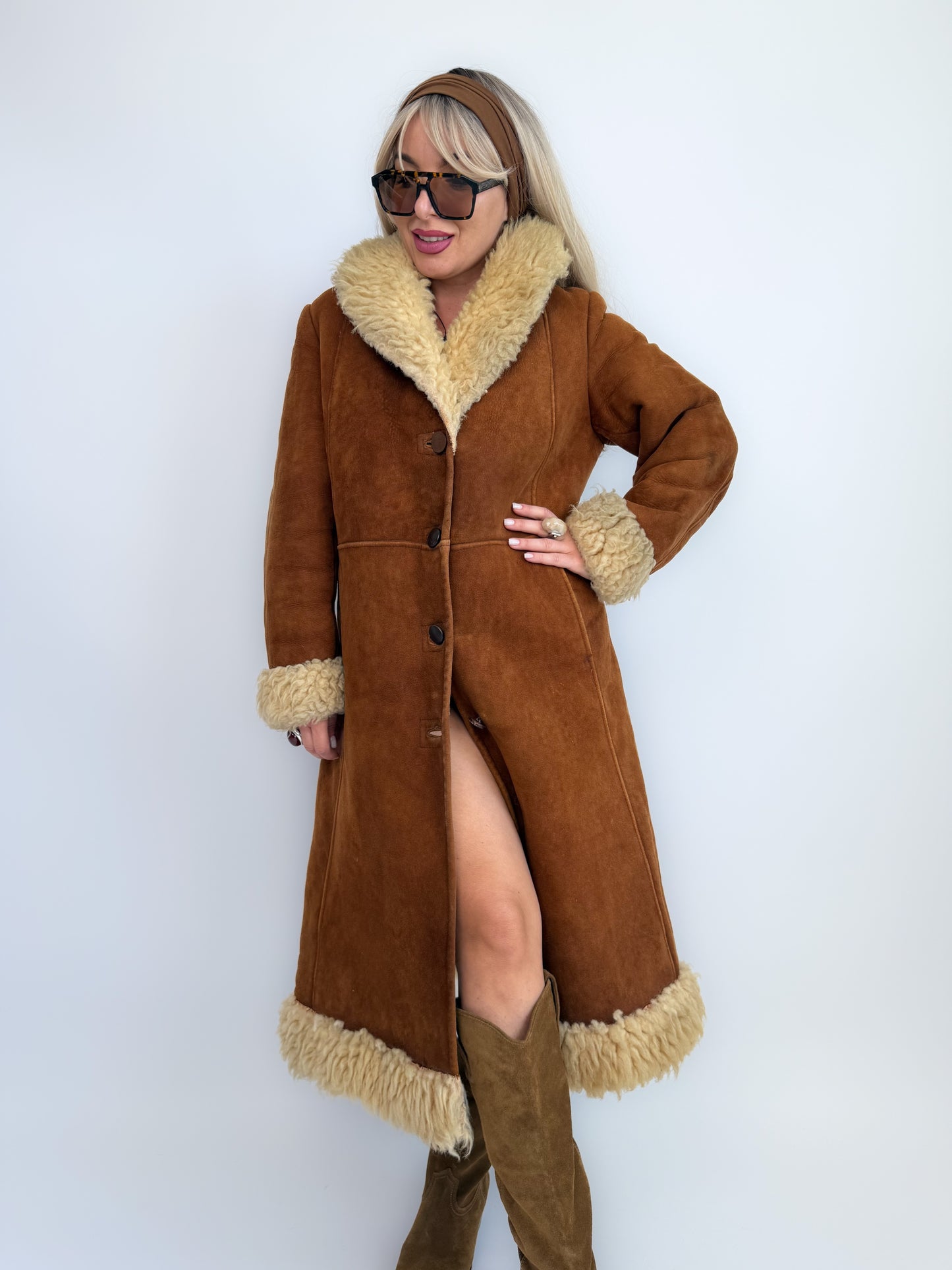 Vintage Brown Suede Afghan Coat: 70s Penny Lane Style Faux Fur Trim S