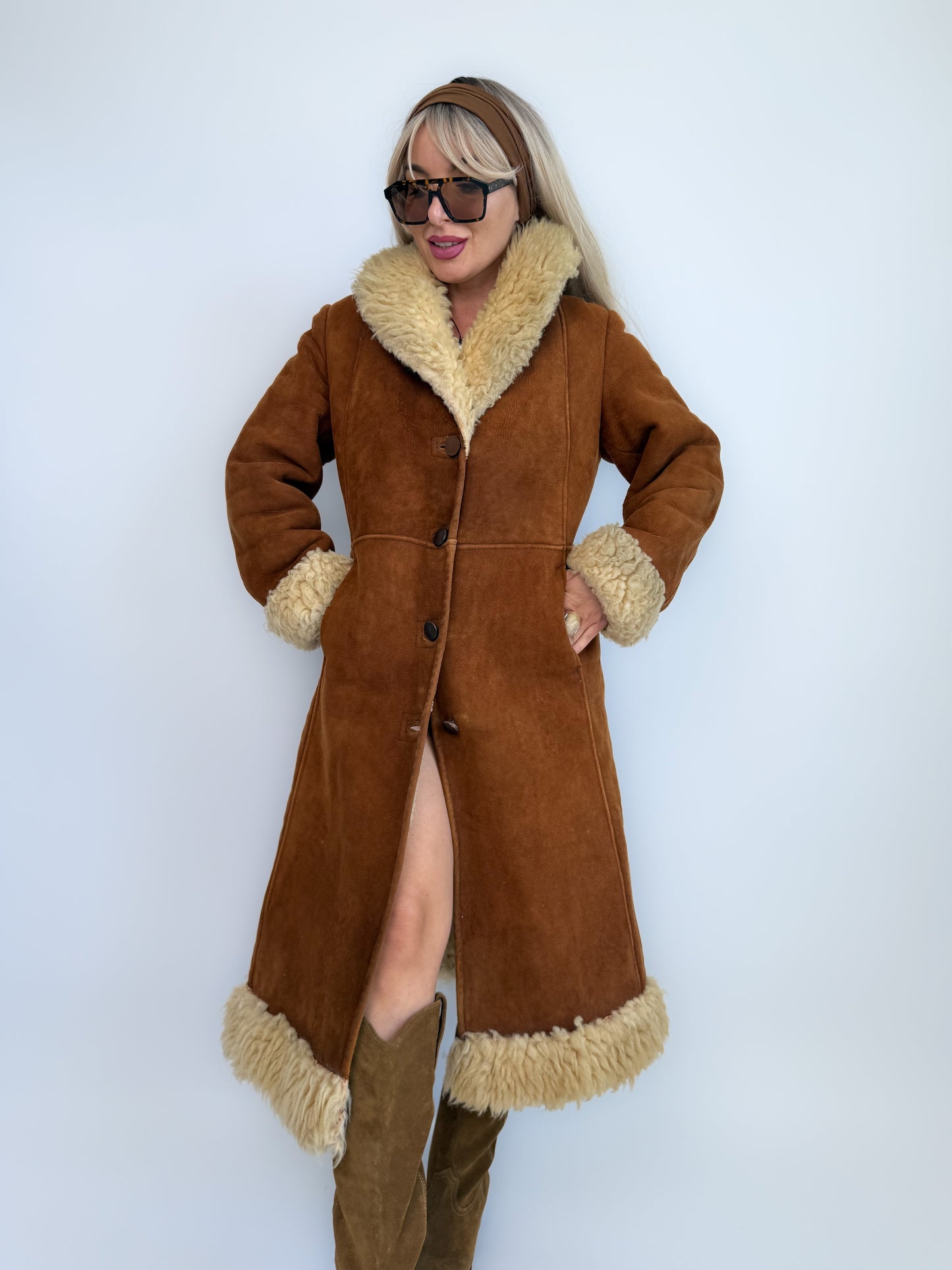 Vintage Brown Suede Afghan Coat: 70s Penny Lane Style Faux Fur Trim S