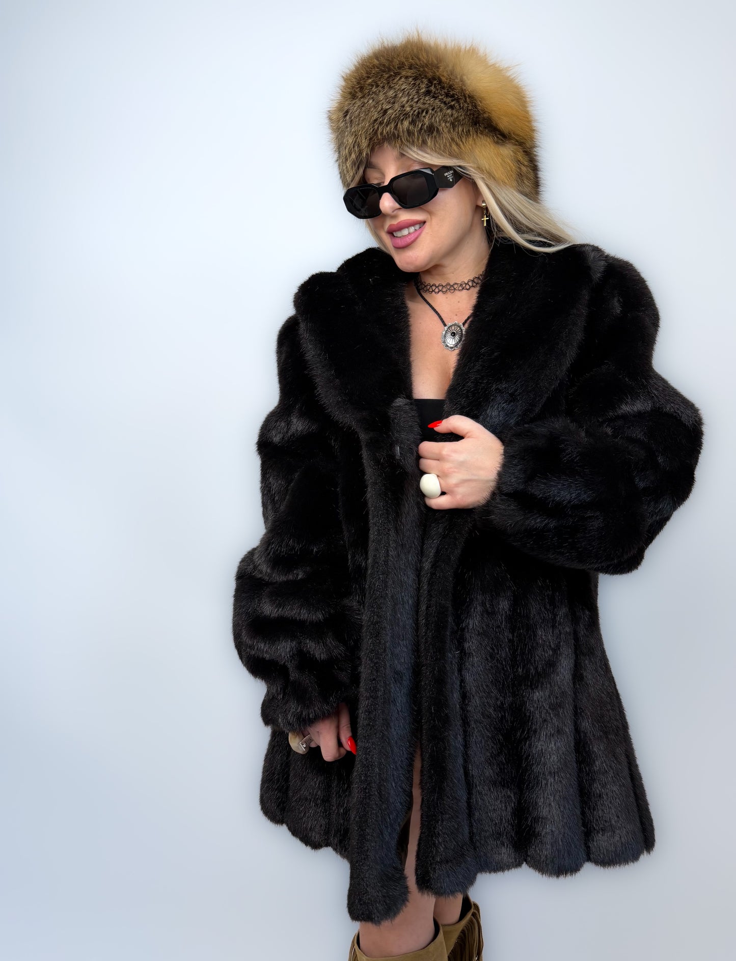 Vintage Faux Fur Mink Coat - Black Mid Length Winter Jacket S-M